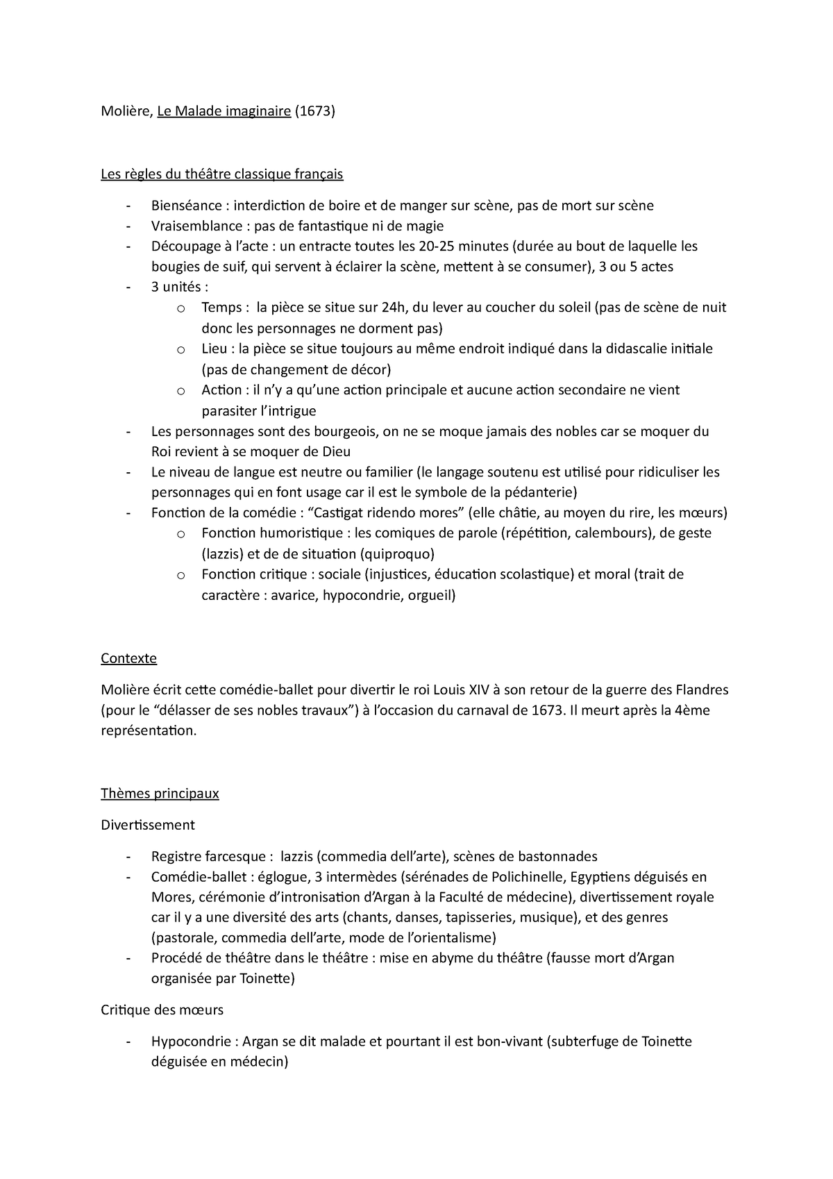 Dissertation Molière Le malade imaginaire - Méthode dissertation - Molière, Le Malade