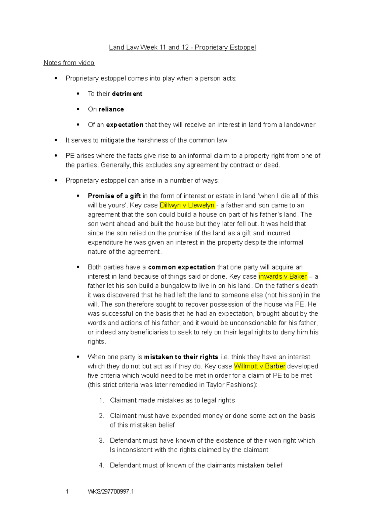 Land Law Proprietery Estoppel - Land Law Week 11 and 12 - Proprietary ...