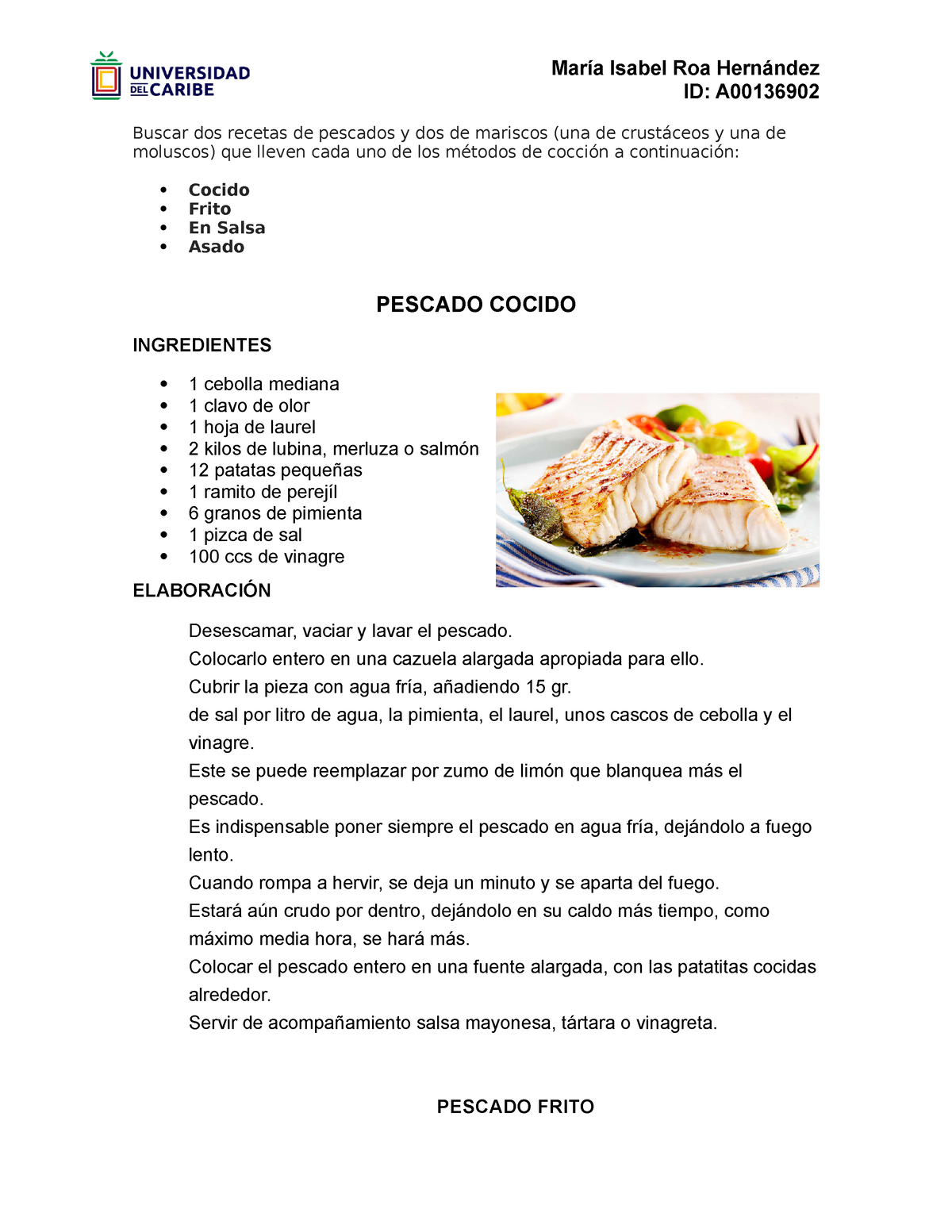 Roa Hernandez-Maria Isabel-Cocción mariscos - ID: A Buscar dos recetas de  pescados y dos de mariscos - Studocu