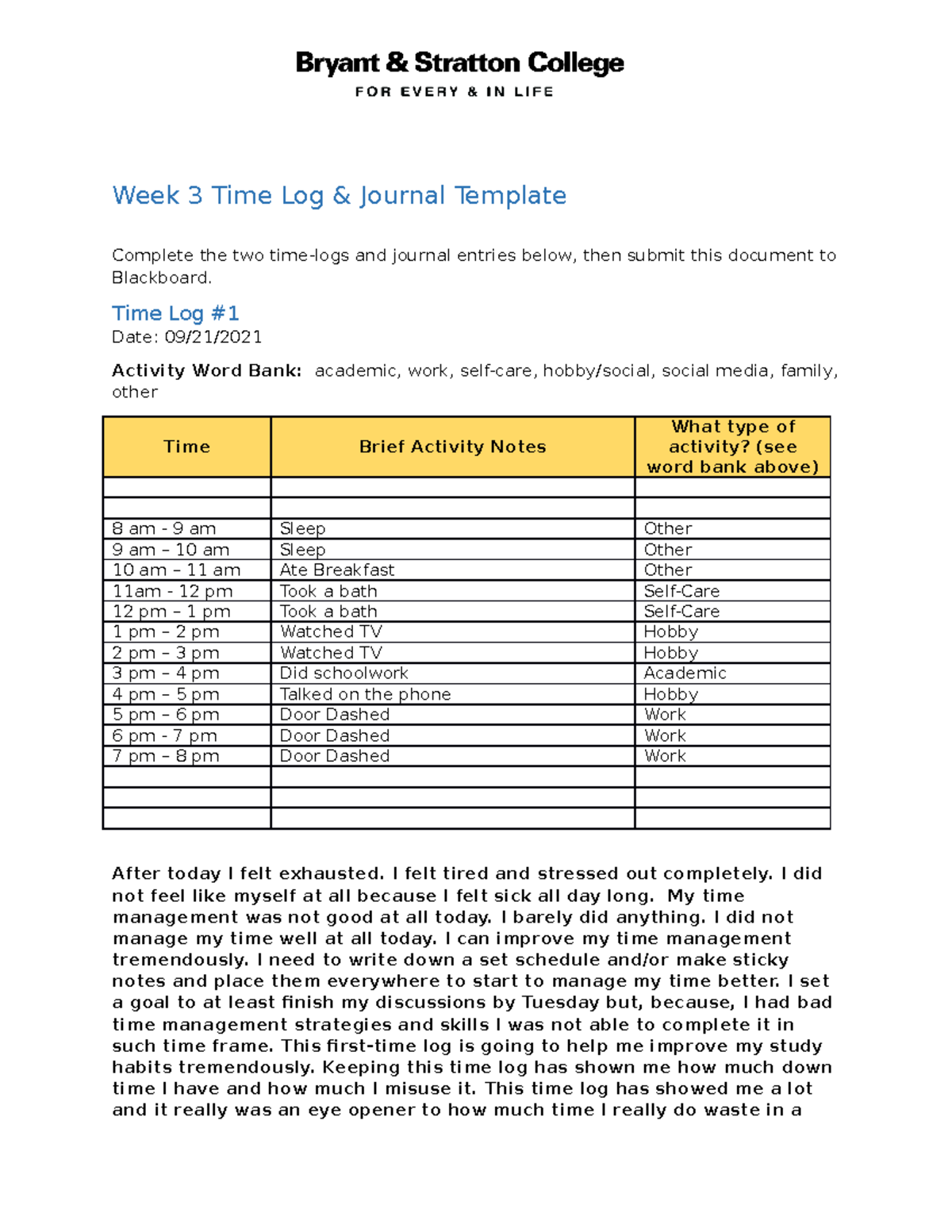 COMM104 W3 Time Log Journal Template Week 3 Time Log & Journal