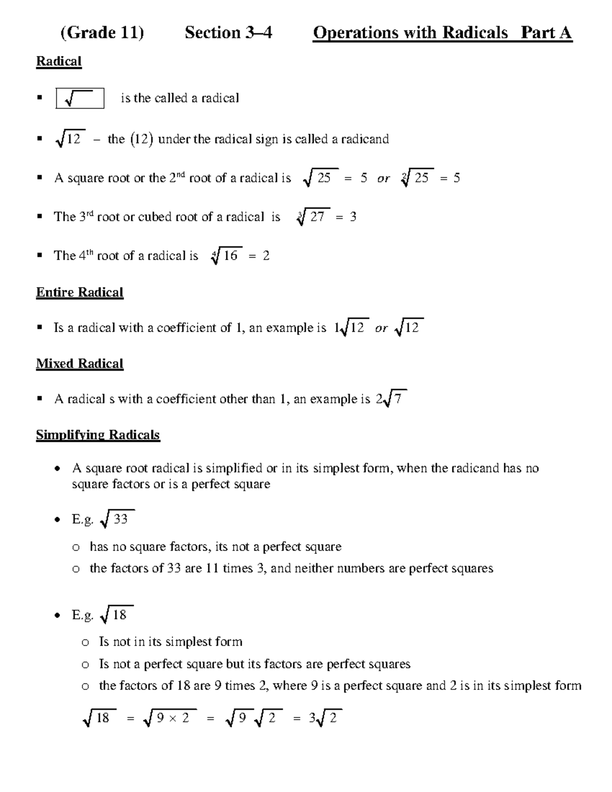 4a Lesson 3-4 part A - radicals JAN 2020 - (Grade 11) Section 3– 4 ...