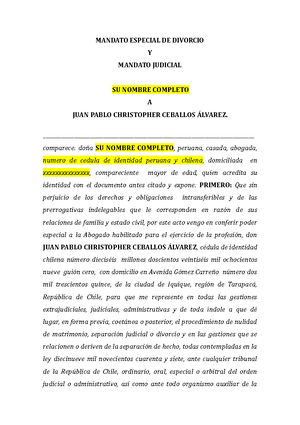 Mandato Judicial Especial para Divorcio - MANDATO ESPECIAL DE DIVORCIO Y MANDATO  JUDICIAL SU NOMBRE - Studocu