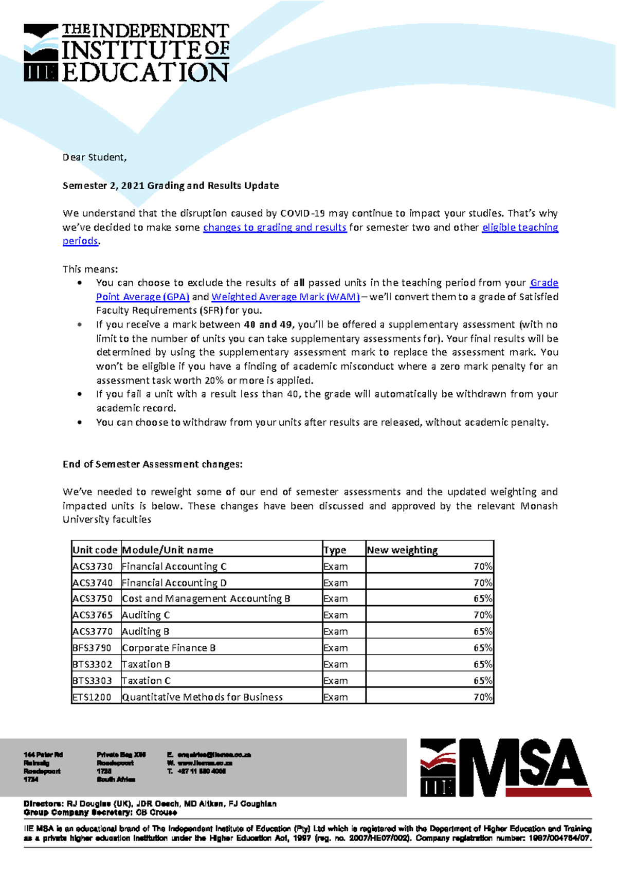 Grading Update 2021 Semester 2 1 - Dear Student, Semester 2, 2021 ...