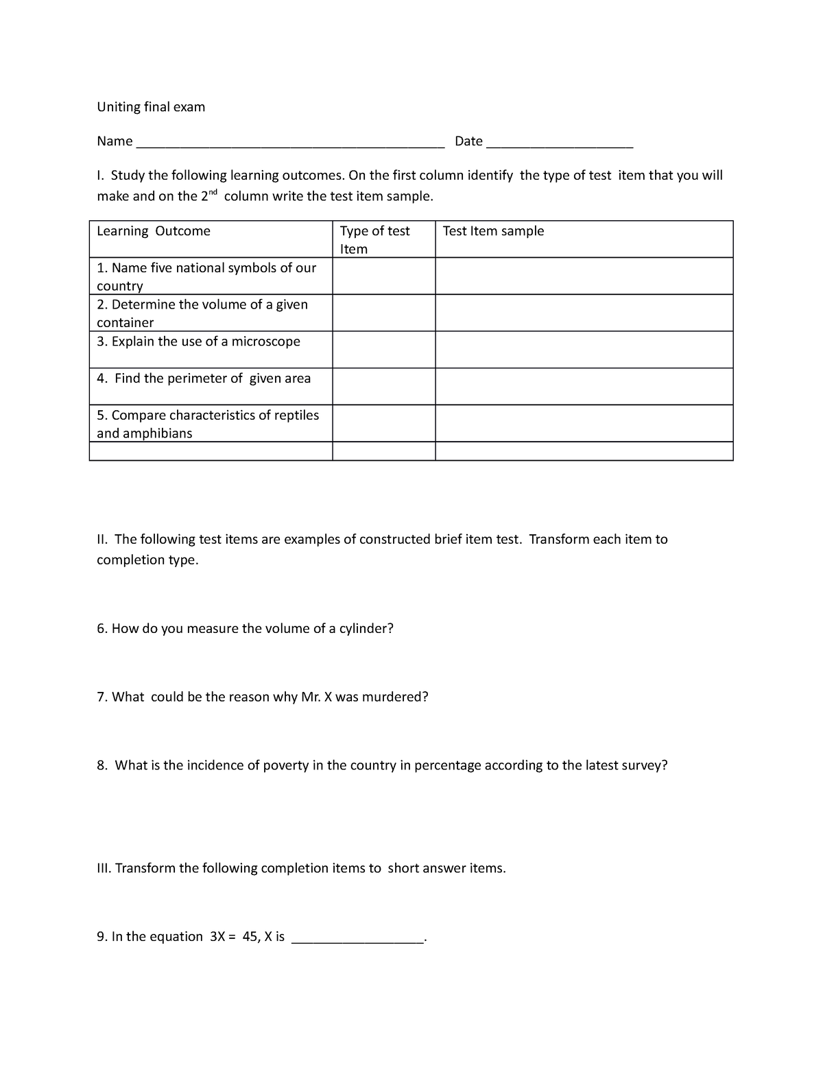 Uniting-final-exam - questionaire - Uni琀椀ng 昀椀nal exam Name - Studocu