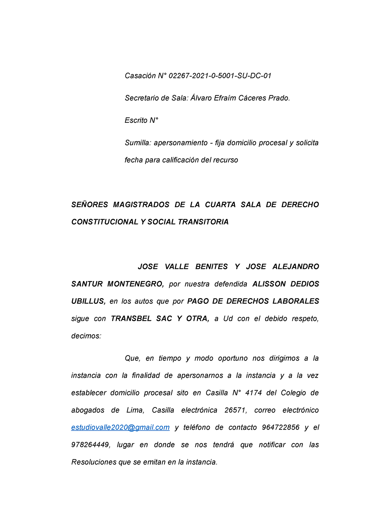 Apersonamiento corte suprema - Casación N° 02267-2021-0-5001-SU-DC ...