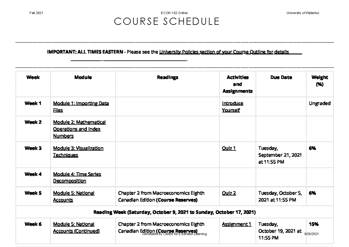 ECON 102 course outlone - C O U R S E S C H E D U L E IMPORTANT: ALL ...