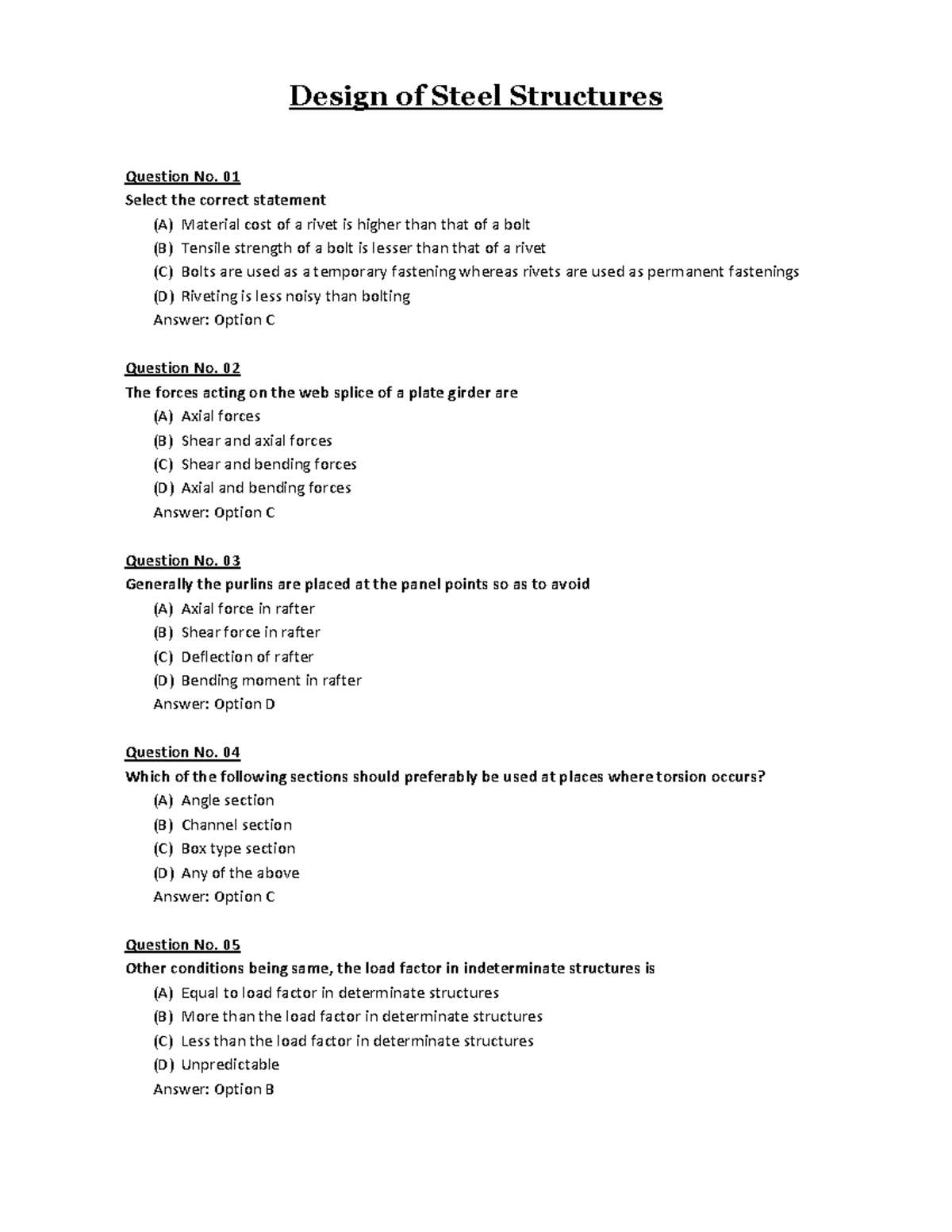 Design Of Steel Structures MCQs PDF - Design Of Steel Structures ...