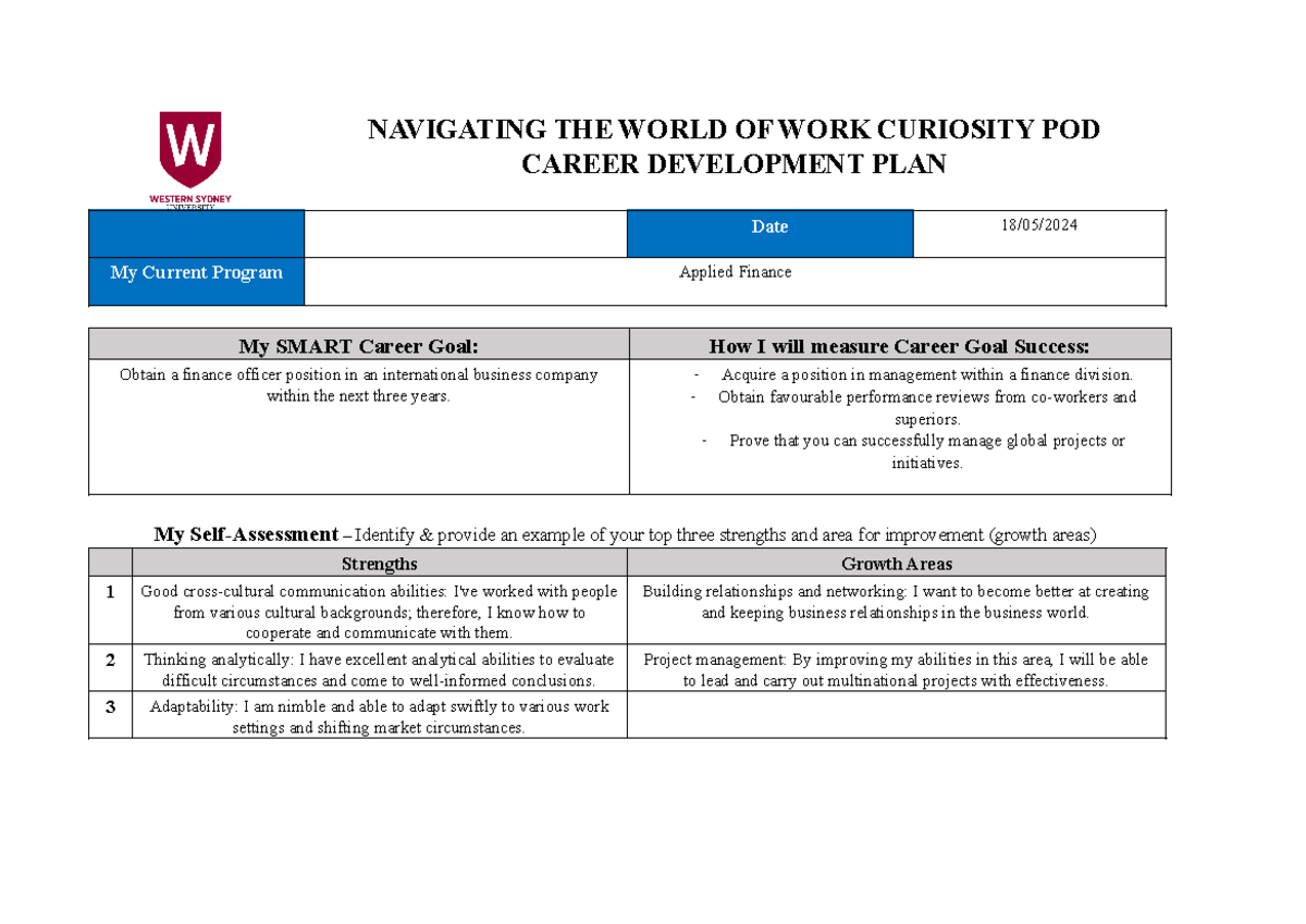 Career Development Plan - NAVIGATING THE WORLD OF WORK CURIOSITY POD ...