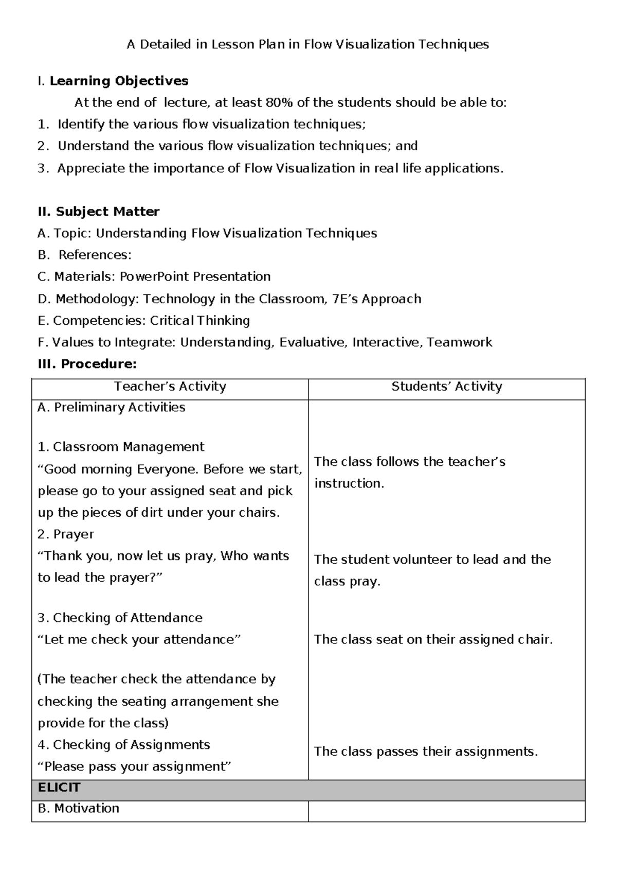 A Detailed in Lesson Plan in Flow Visualization Te - Learning ...