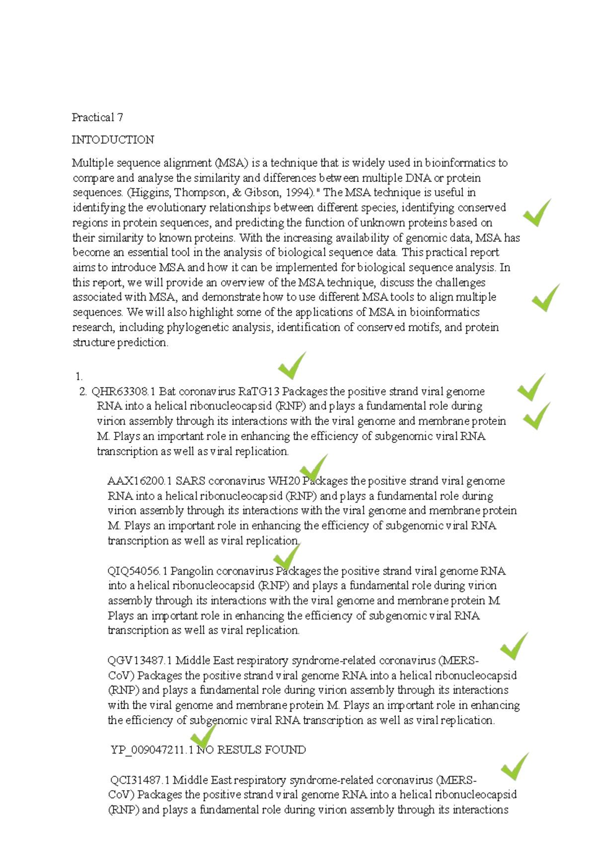267258 Prac 7 Gene320 - Practical 7 INTODUCTION Multiple sequence ...