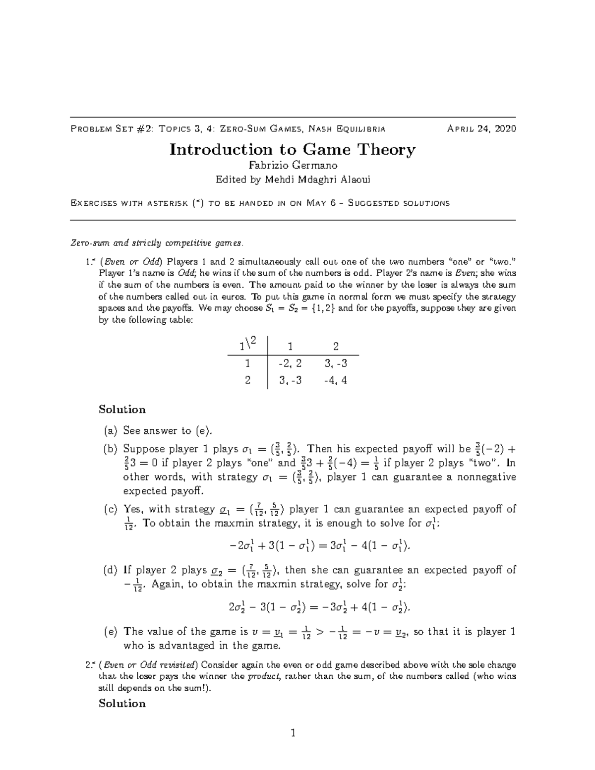 Ps2 Sol - Solutions Game Theory Industrial Technologies And Economic ...