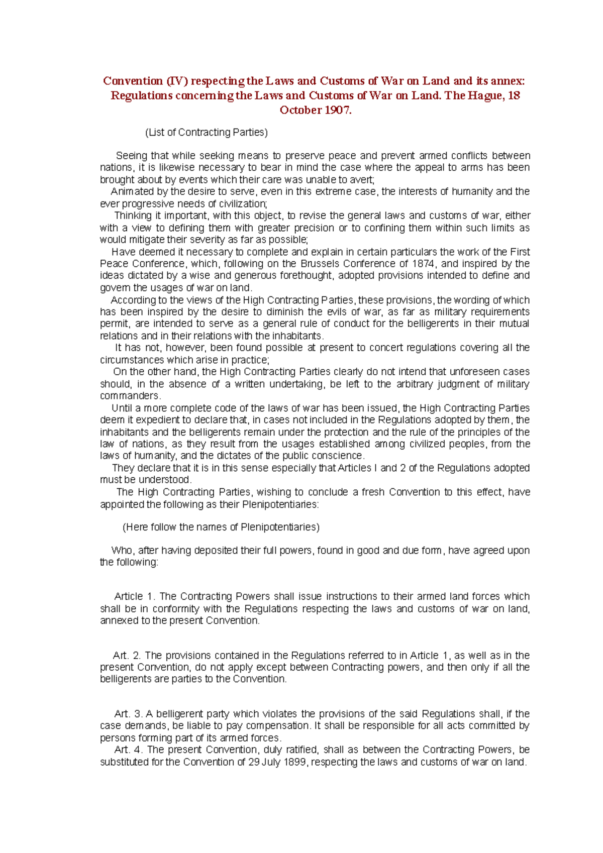 Convention (IV) respecting the Laws and Customs of War on Land (1907