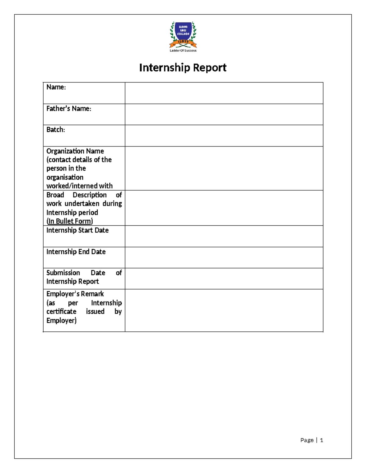 Internship Report format - Law Graduation - Internship Report Name ...