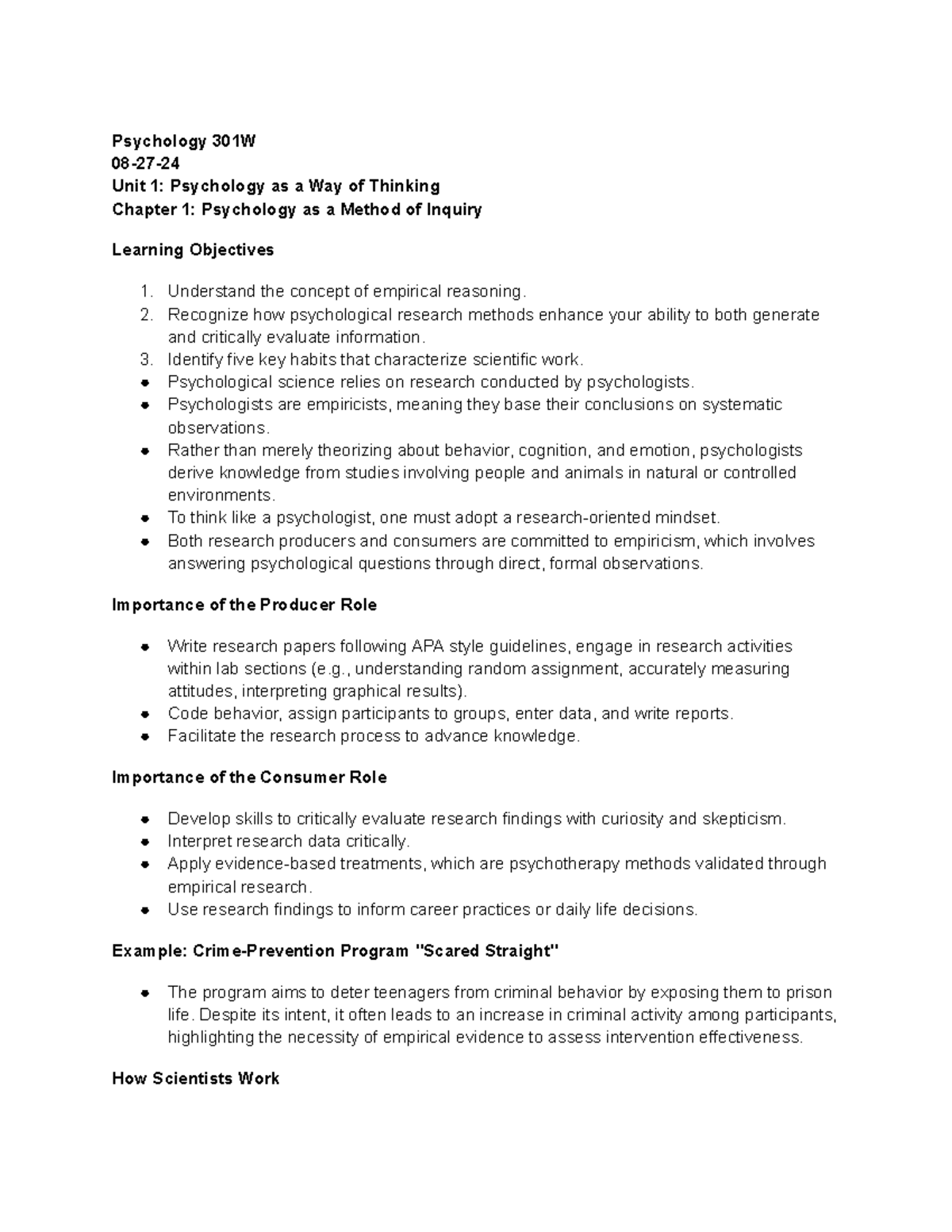 Psychology Unit 1 - summary of the first chapter and first unit ...