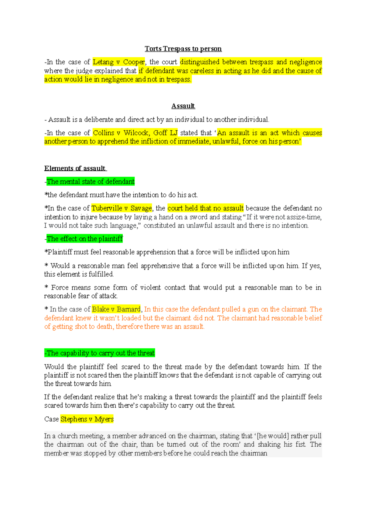 Torts Trespass to person notes - Torts Trespass to person -In the case ...