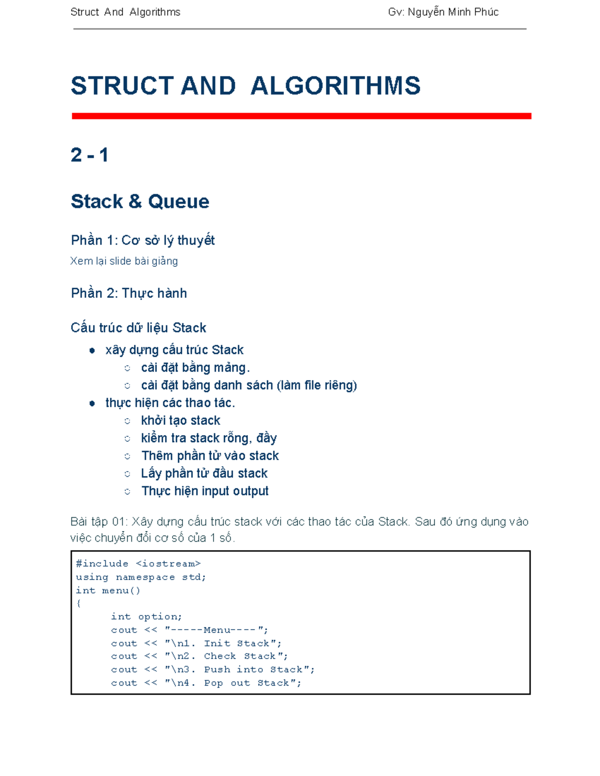 SA 2 1 Stack Queue - Test - STRUCT AND ALGORITHMS 2 - 1 Stack & Queue ...