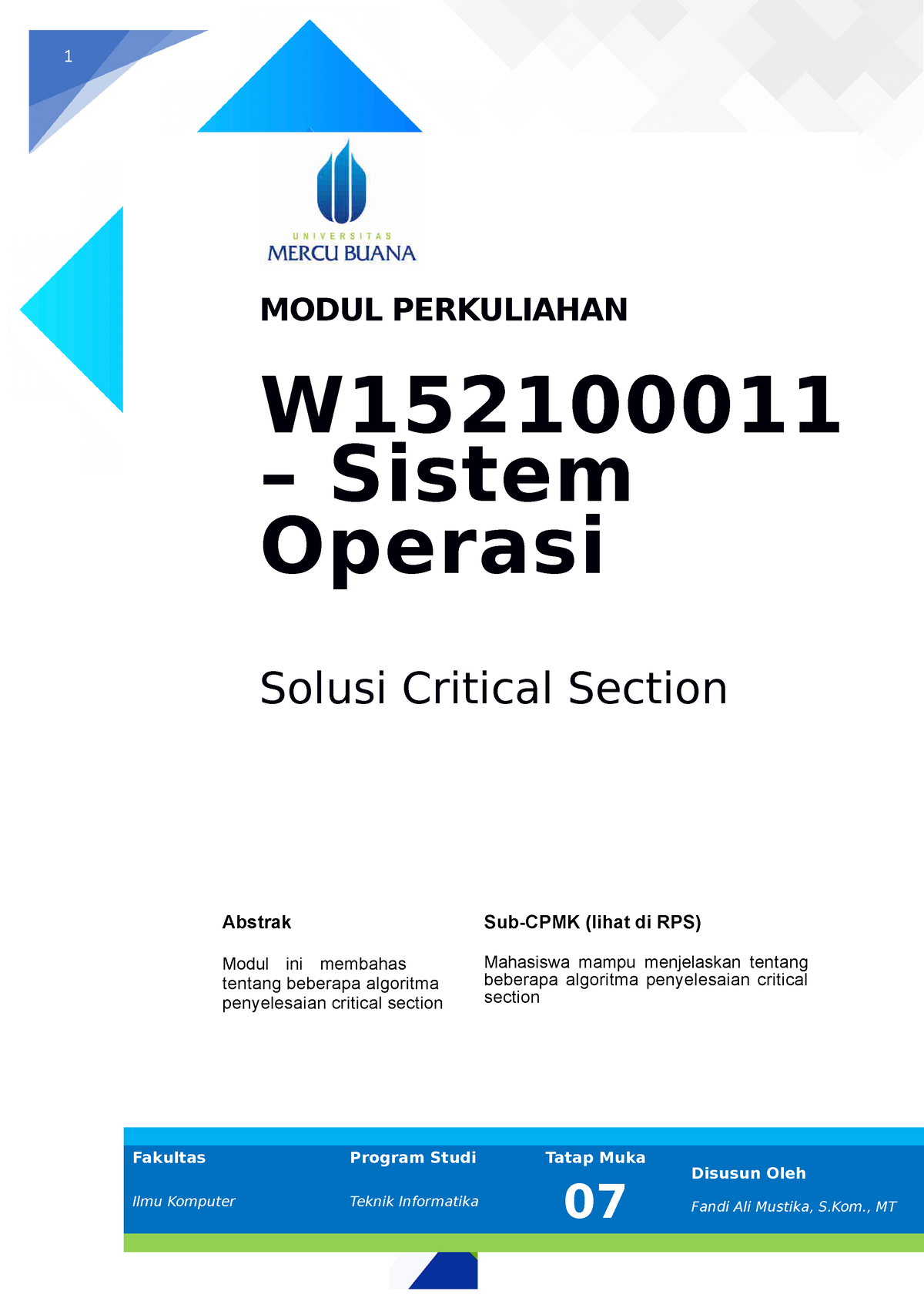 SO Pertemuan 7 - I Dont Know - 1 MODUL PERKULIAHAN W – Sistem Operasi ...