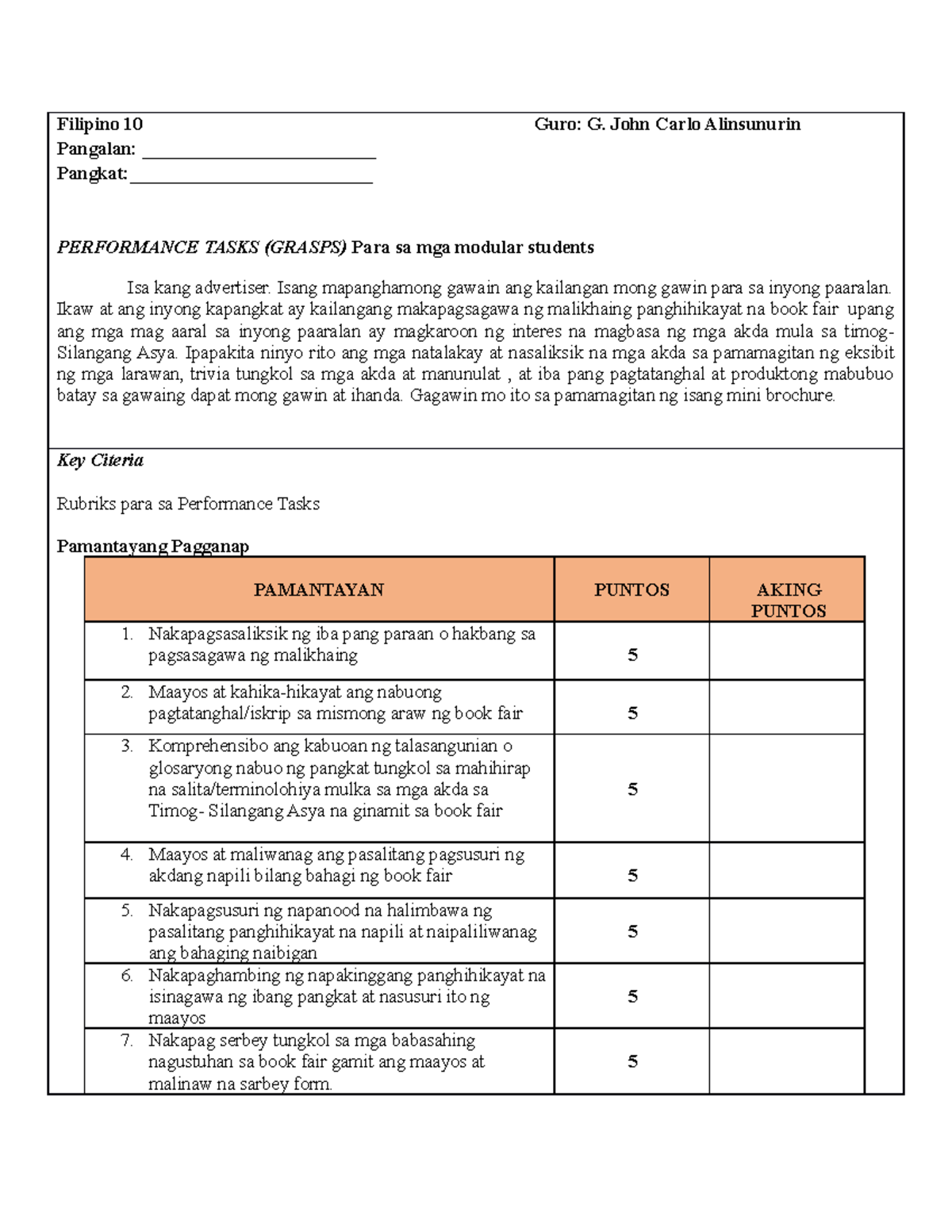 Grade 1 3rd Quarter Performance Tasks With Rubrics Deped Click Hot Porn Sex Picture 7520