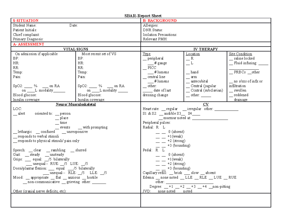 SBAR report sheet Simulation - SBAR-Report Sheet S-SITUATION B ...