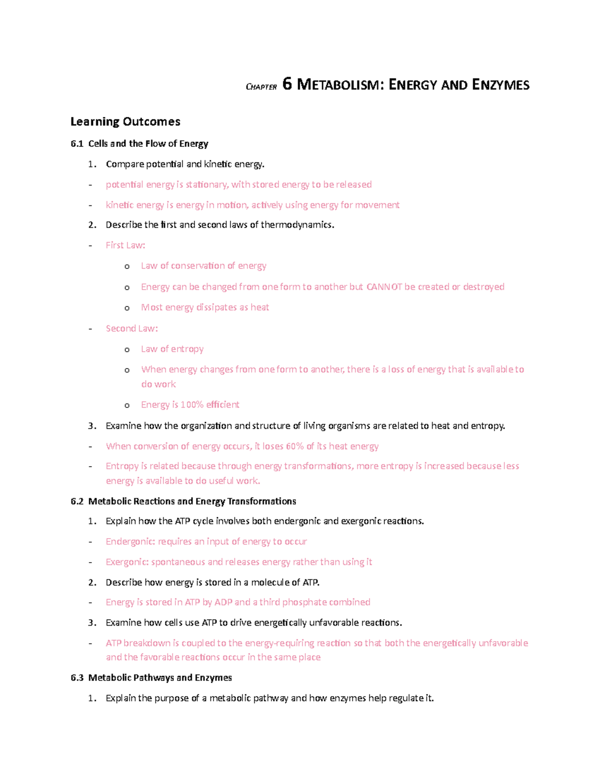 Review Chapter 6 - CHAPTER 6 METABOLISM: ENERGY AND ENZYMES Learning ...