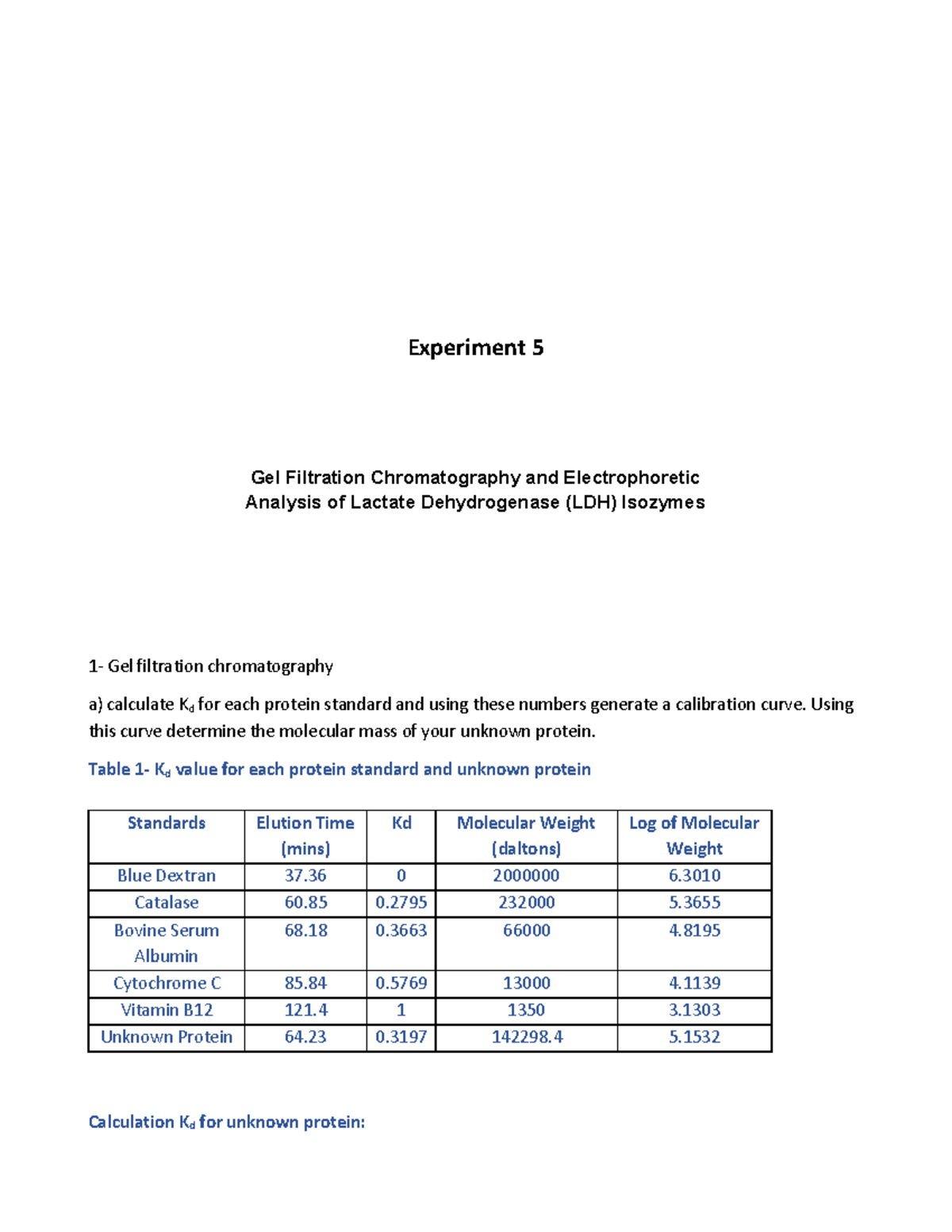 Report 5 - Experiment 5 Gel Filtration Chromatography and ...