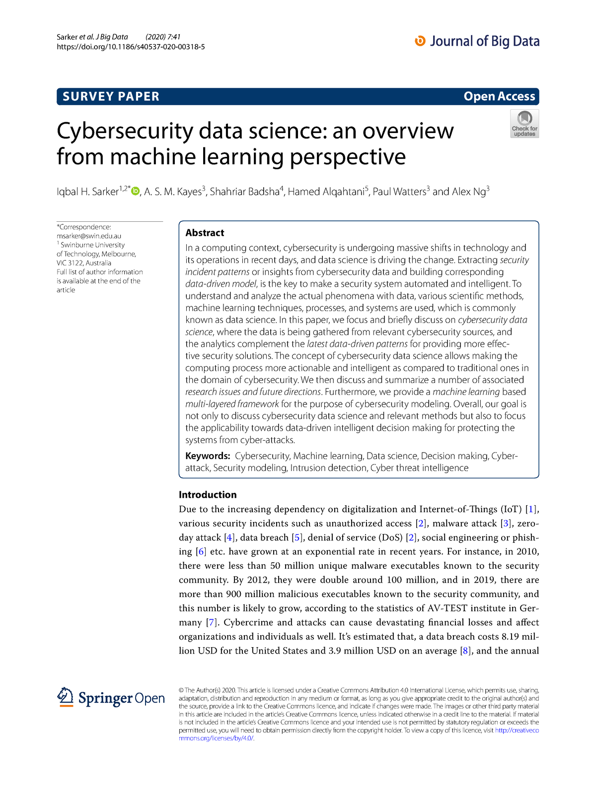 Cybersecurity data science - Sarker1,2* , A. S. M. Kayes 3 , Shahriar ...