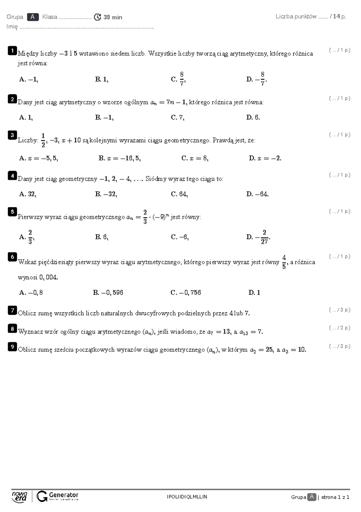 Ciag Arytmetyczny Liceum Sprawdzian Pdf