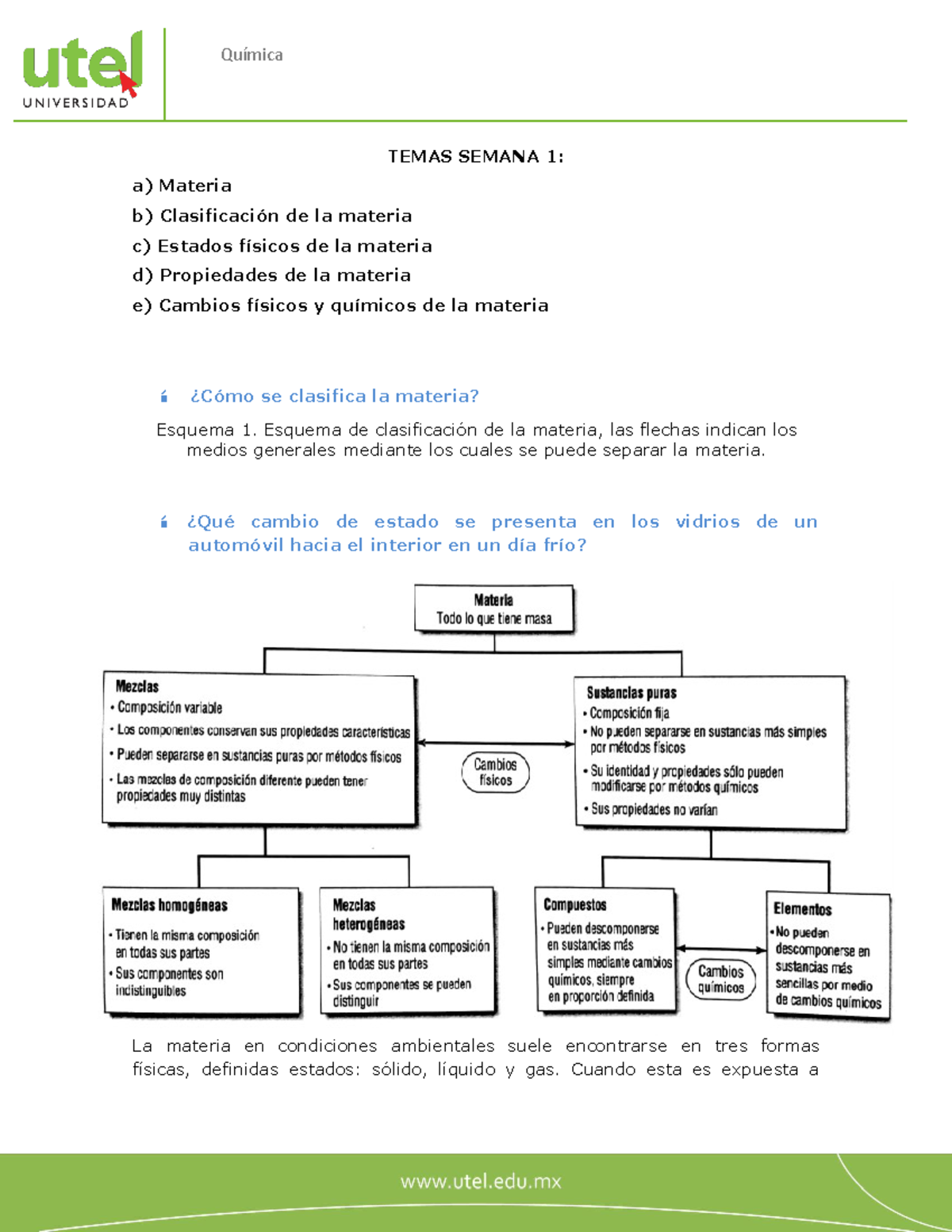 Aprendizaje S1 Quimica - Química A) Materia TEMAS SEMANA 1: B ...