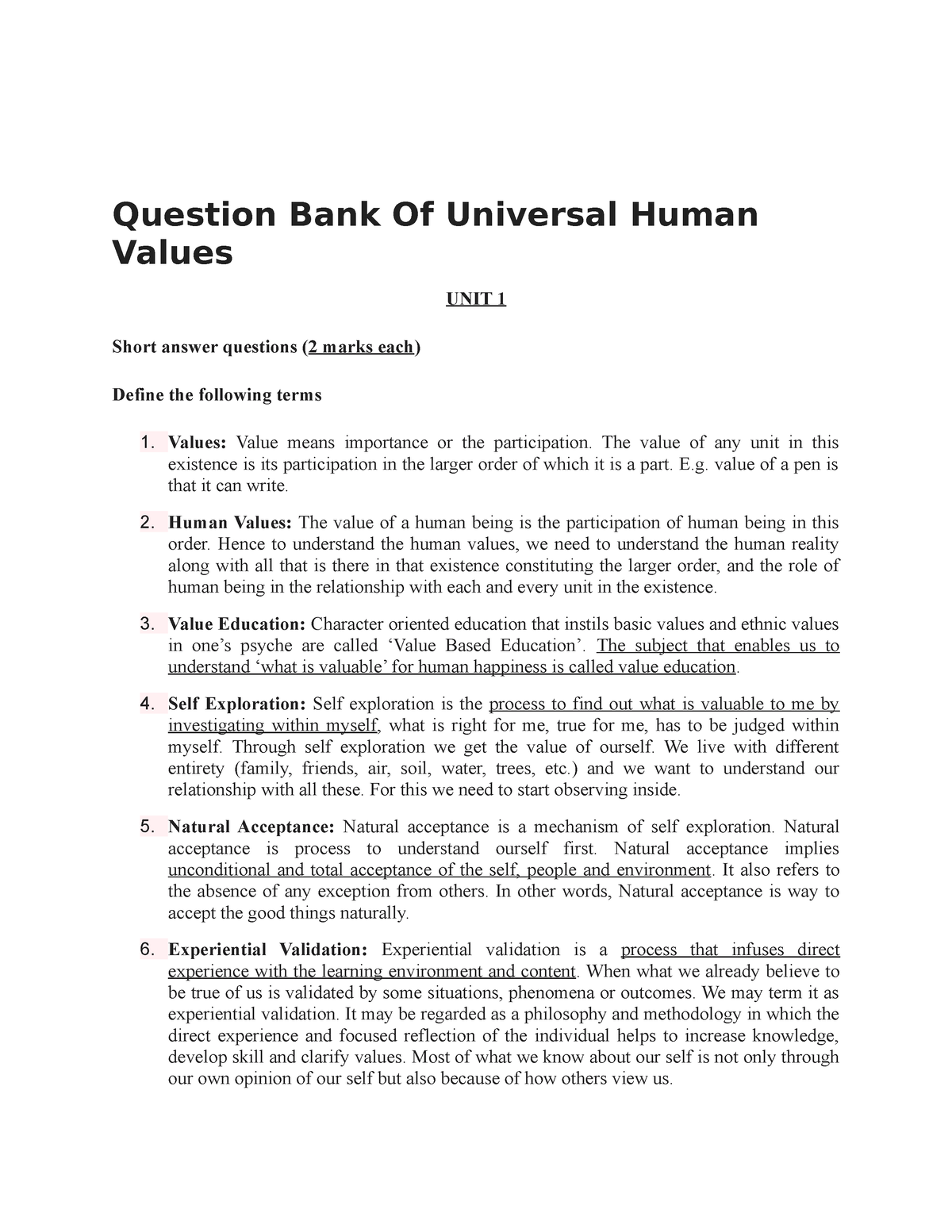 UHV QB - UHV - Question Bank Of Universal Human Values UNIT 1 Short ...