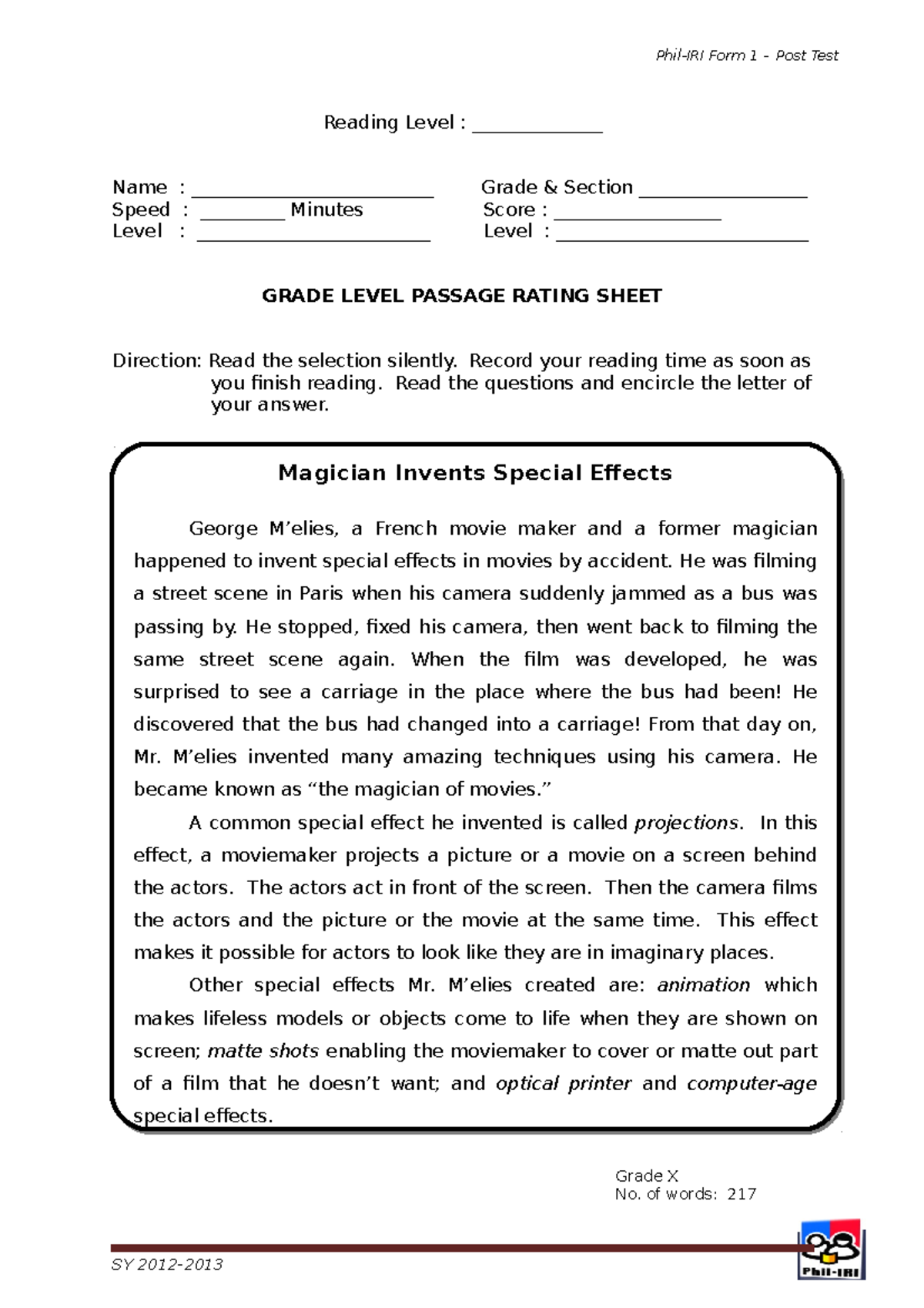 Grade 6.Magician Invents Special Effects Reading Level