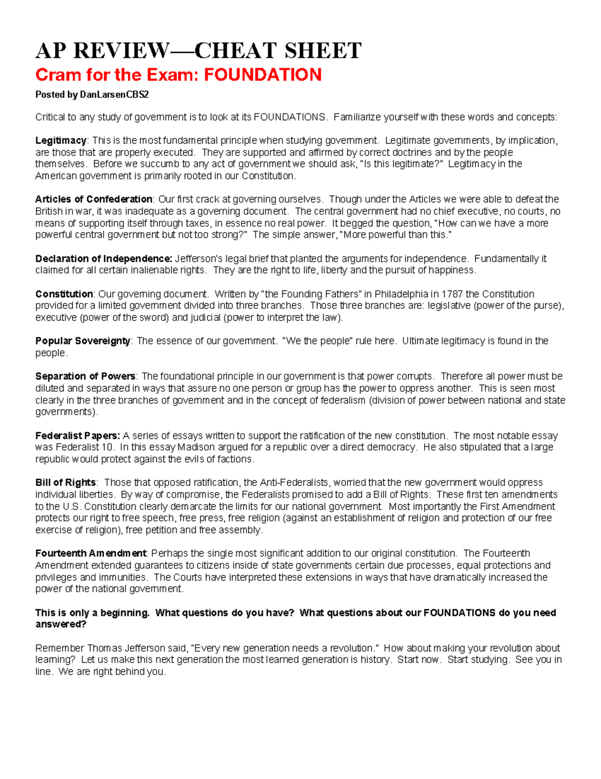 Cheat Sheet AP GOV Review 2020 Covid 19 Edition AP REVIEW CHEAT SHEET 