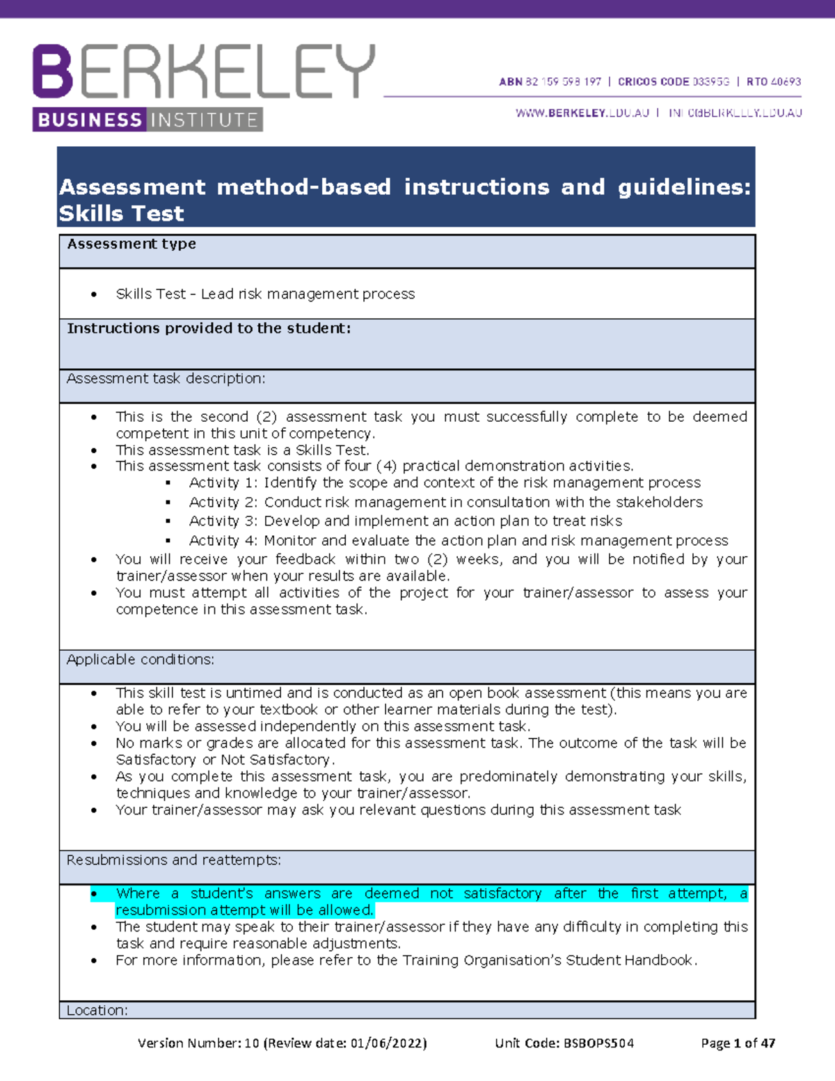 Bsbops 504 Assessment 2 - Version Number: 10 (Review Date: 01/06/2022 ...