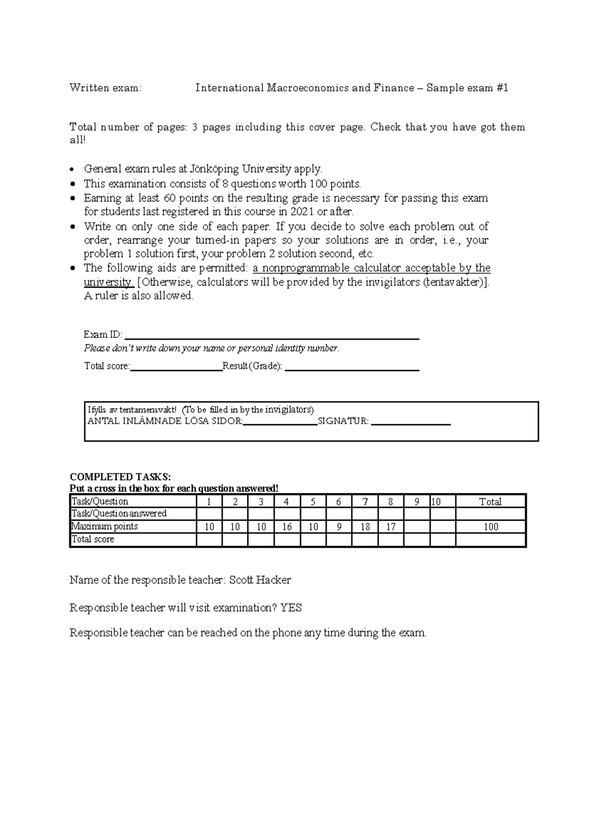 Test & solutions - sample exam #1 - Written exam: International ...