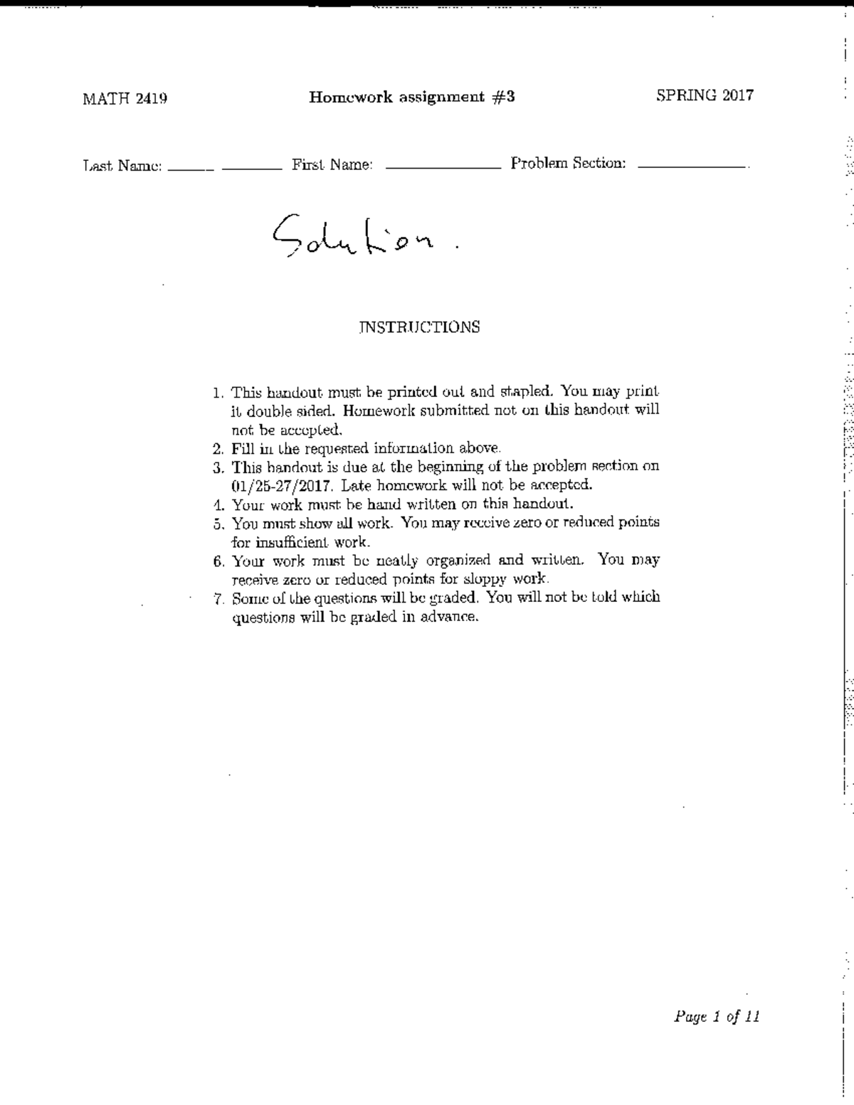 HW3solution - hwk 3 - MATH 2419 Last Name: Homework assignment #3 ...