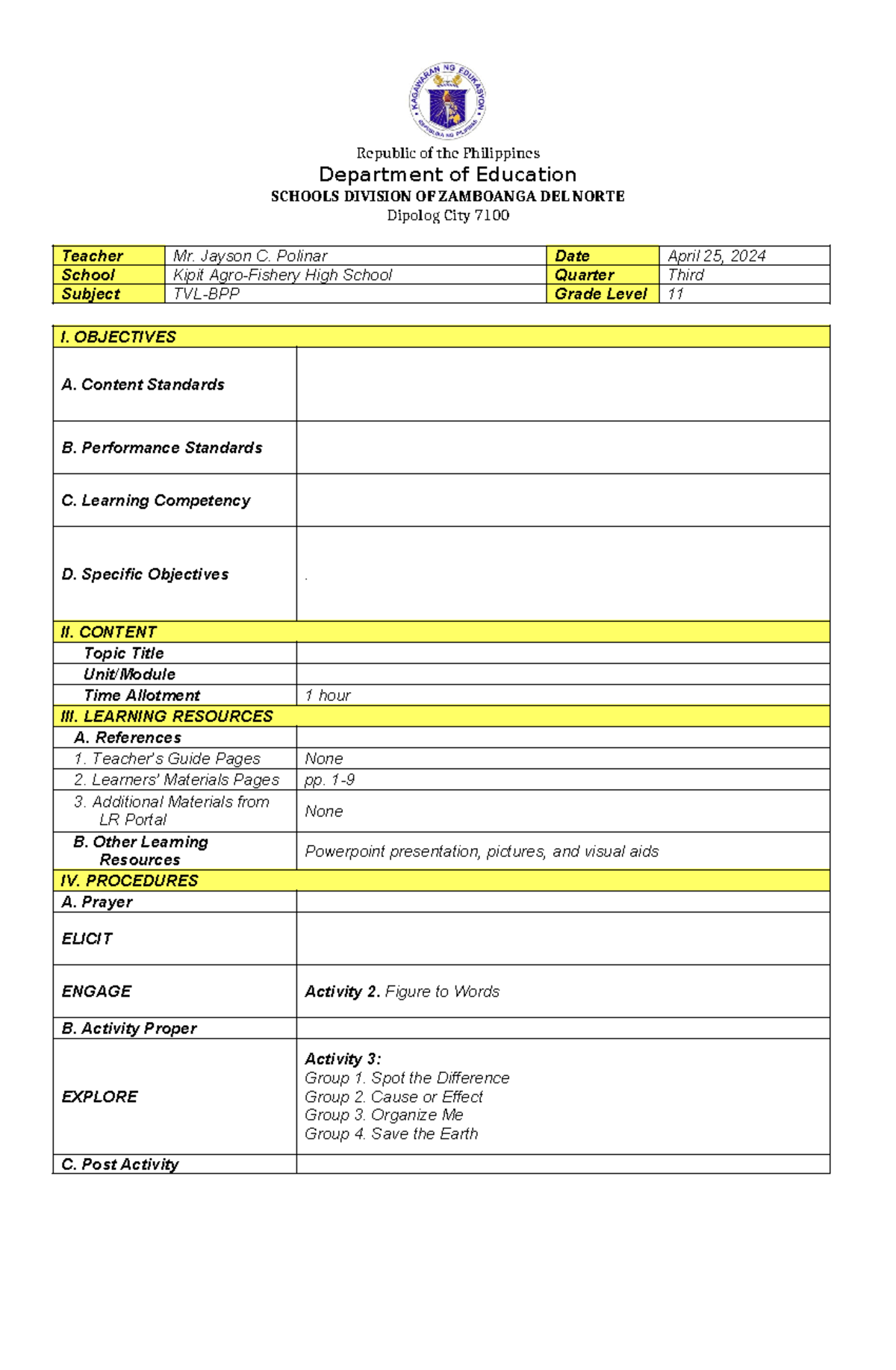 Lesson Plan Climate Change 1 Republic Of The Philippines