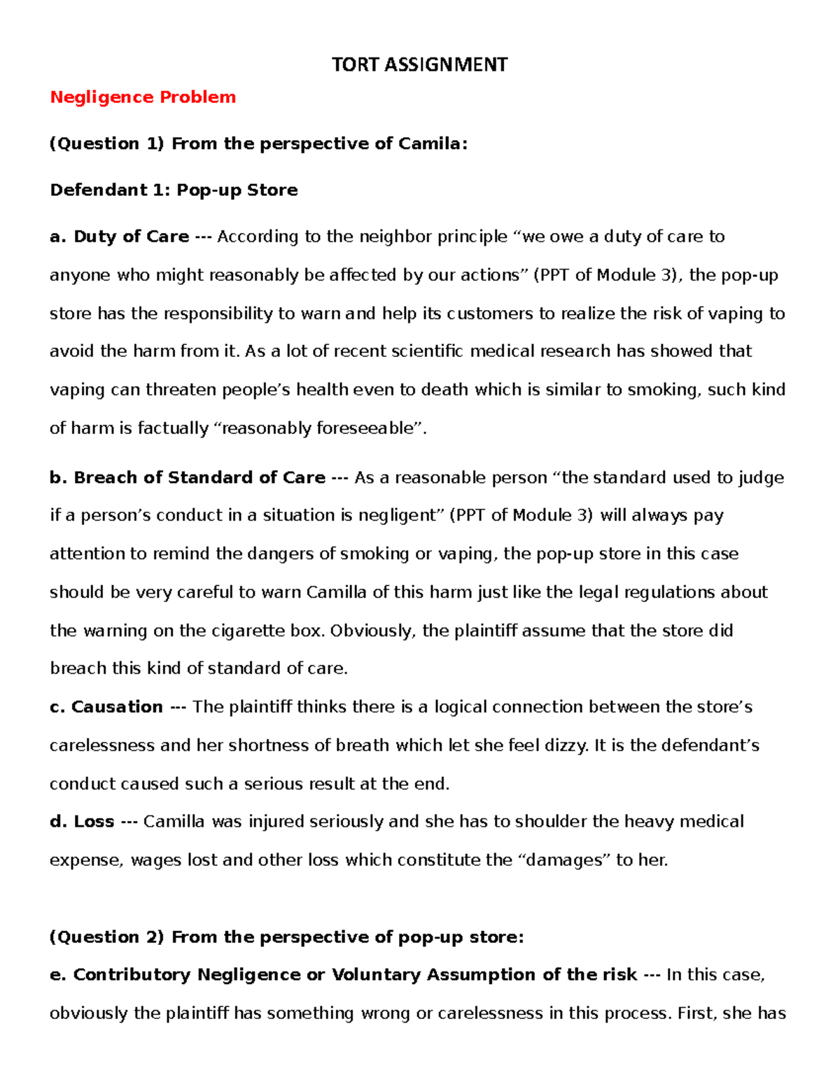 Tort Assignment - TORT ASSIGNMENT Negligence Problem (Question 1) From ...