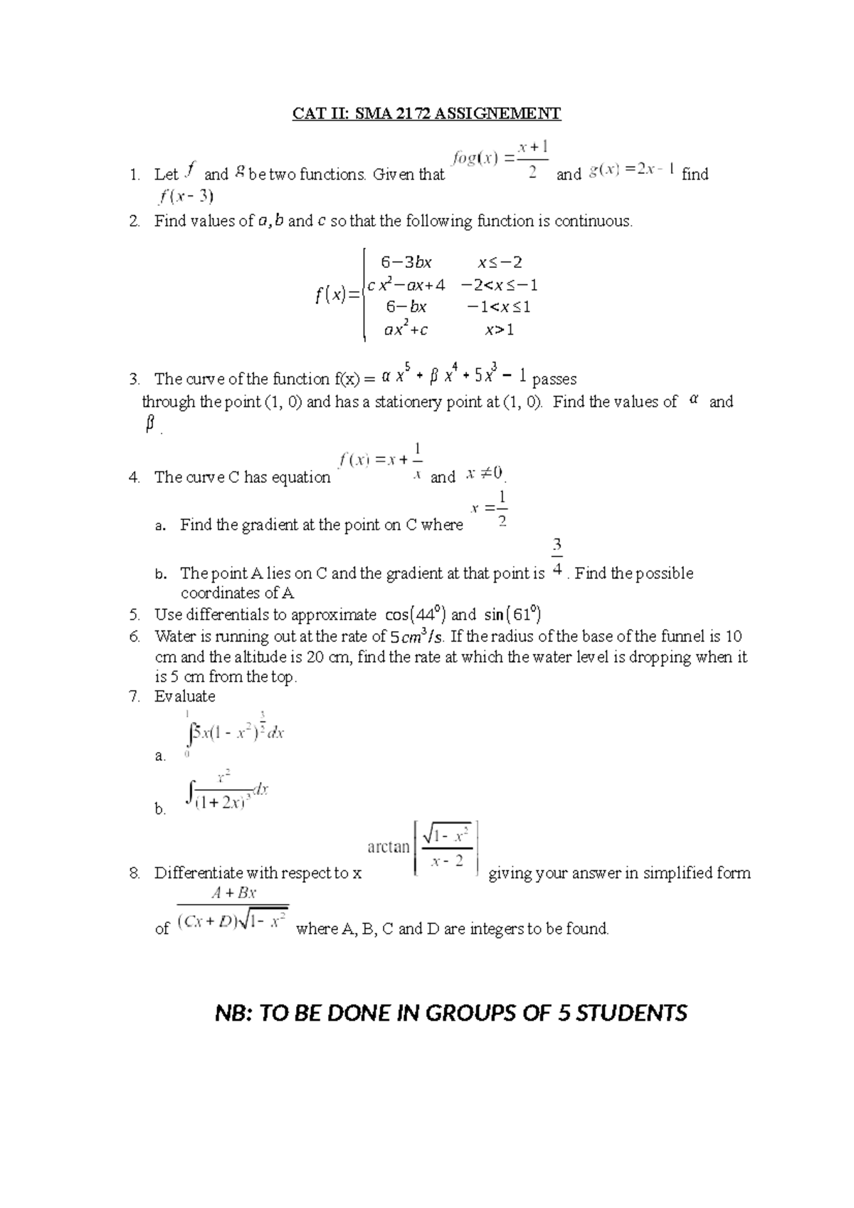 Assignment CAT II - Calculus cat - CAT II: SMA 2172 ASSIGNEMENT Let and ...