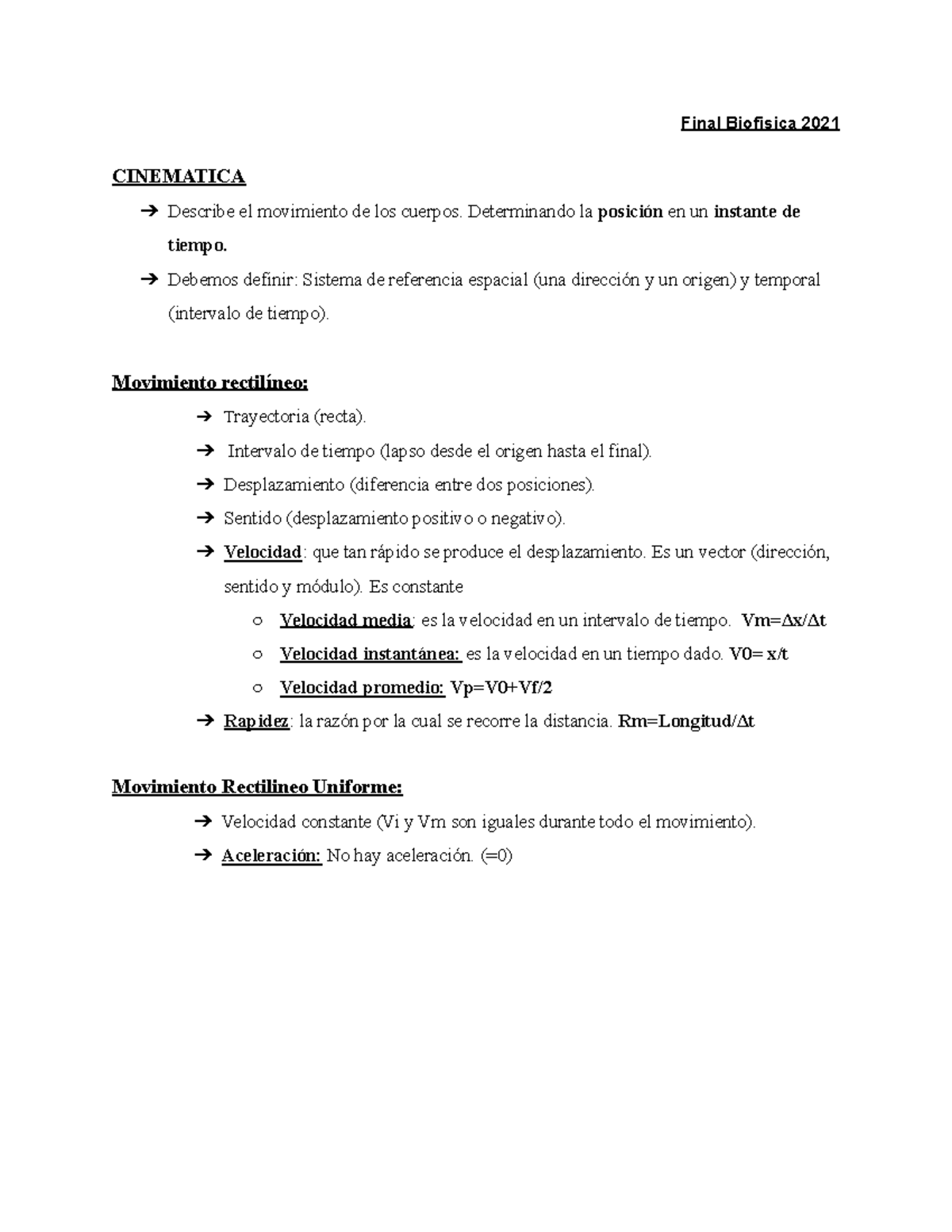 Biofisica 2020 Resumen Examen Final - Final Biofisica 2021 CINEMATICA ...