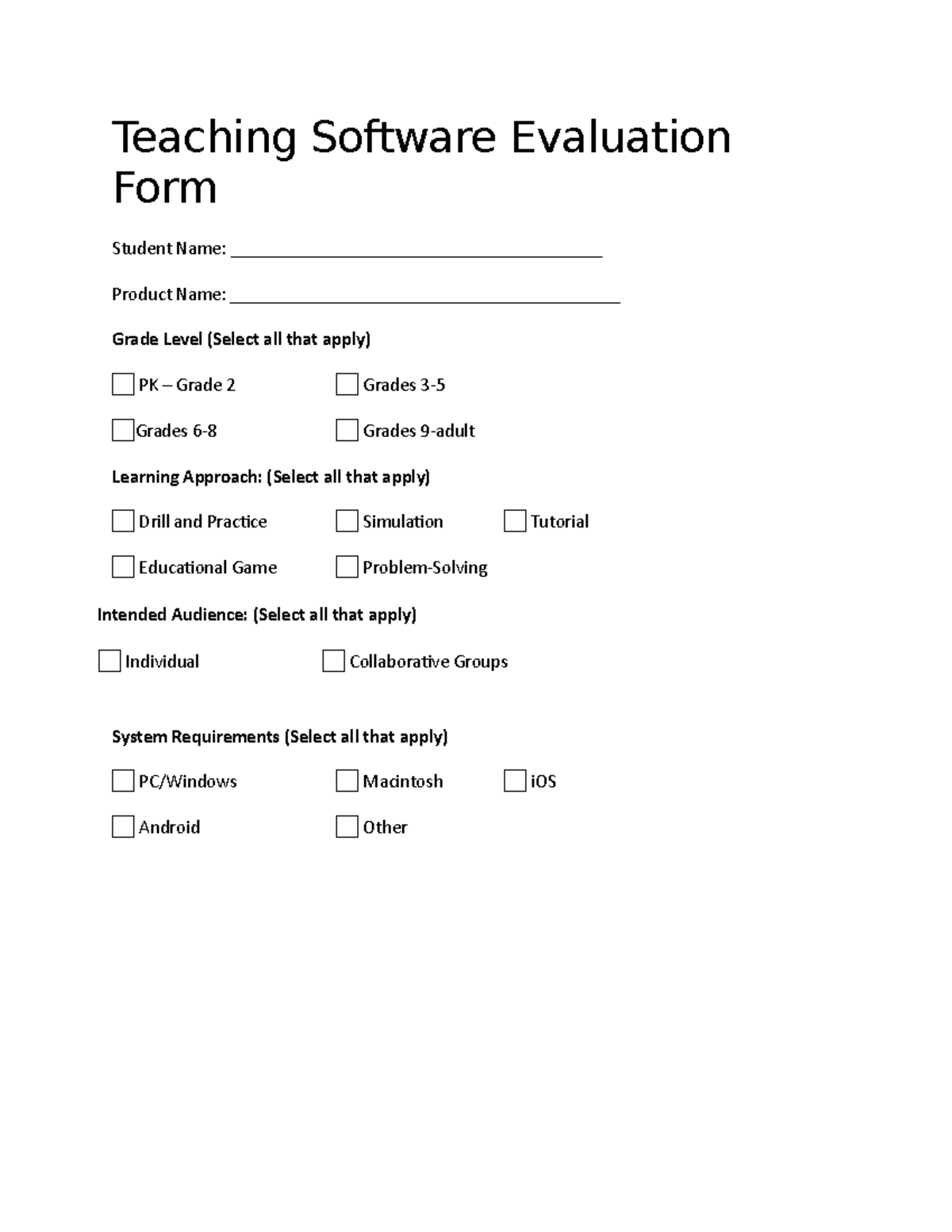 Teaching Software Evaluation Form - Teaching Software Evaluation Form ...