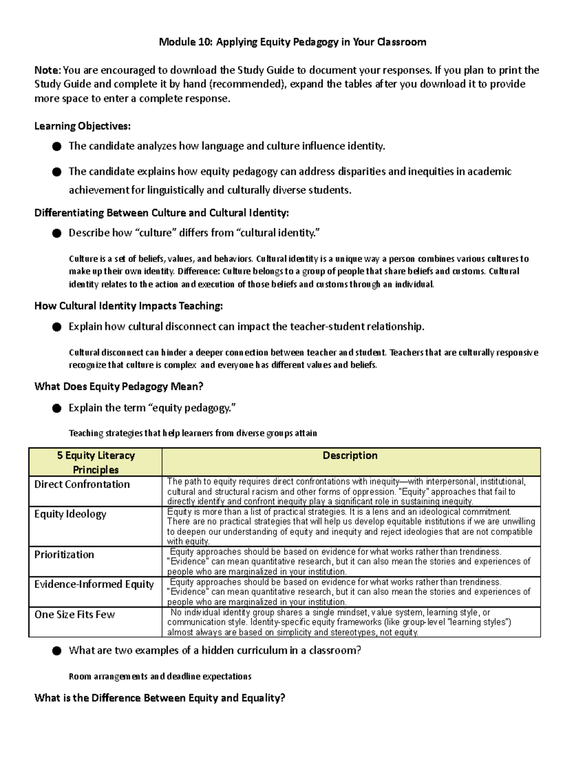 D096 d169 m10 study guide - Module 10: Applying Equity Pedagogy in Your ...