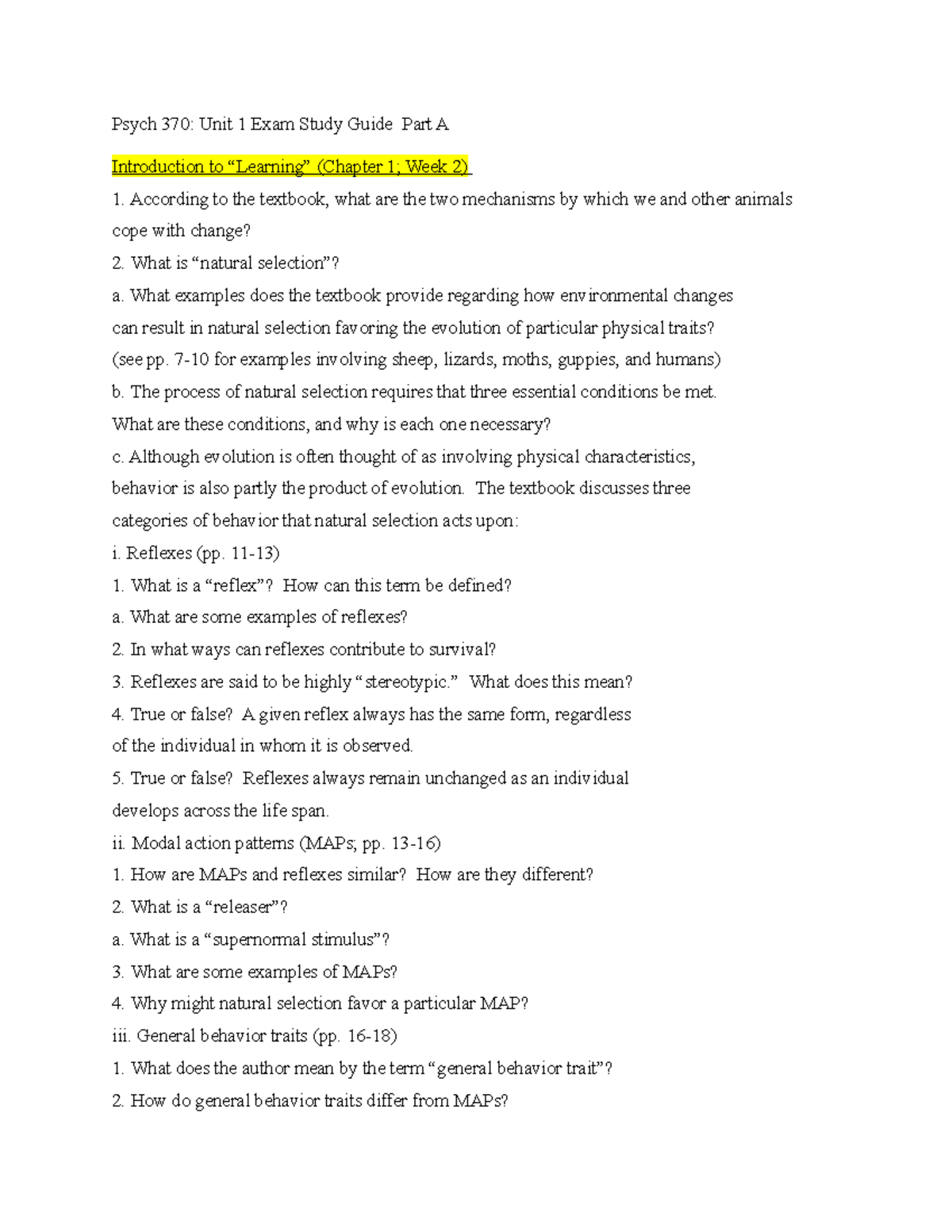Psych 370- Unit 1 Exam Study Guide Part A - 370 - Ferris State - Studocu