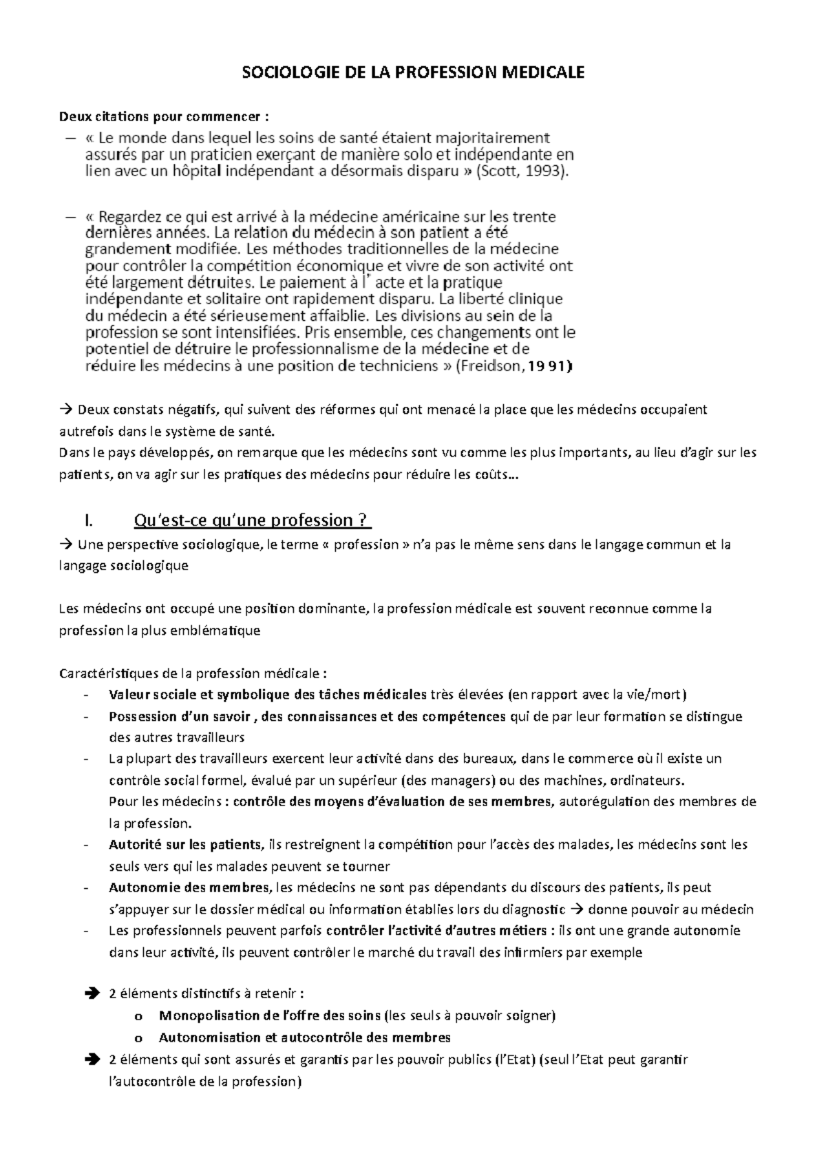 02 Sociologie Profession Medicale Sociologie De La Profession Medicale Deux Citations Pour Studocu