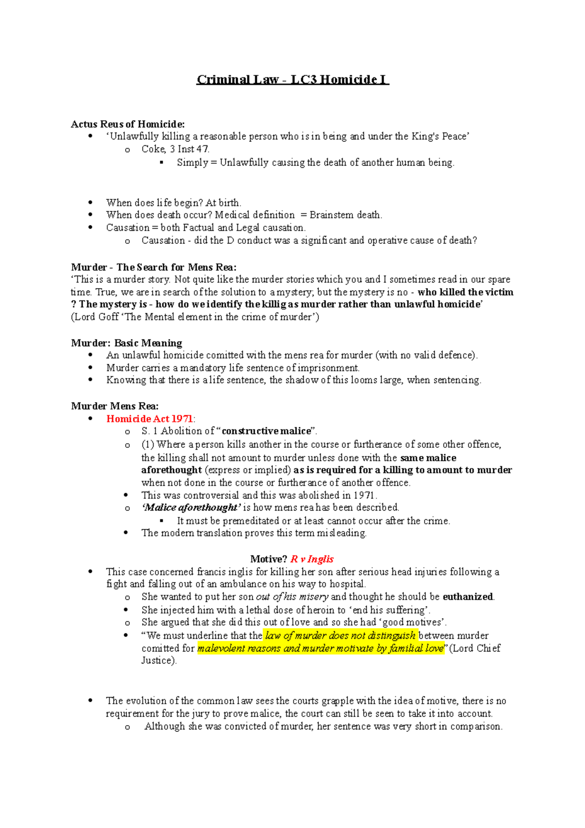 Criminal Law Lecture : Notes 3 - Criminal Law - LC3 Homicide I Actus ...