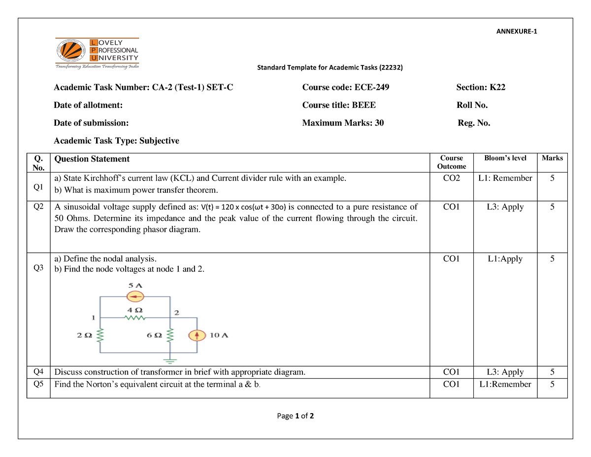 CA1 ECE249 SET C - Mandatory assingnments - ANNEXURE- Standard Template ...