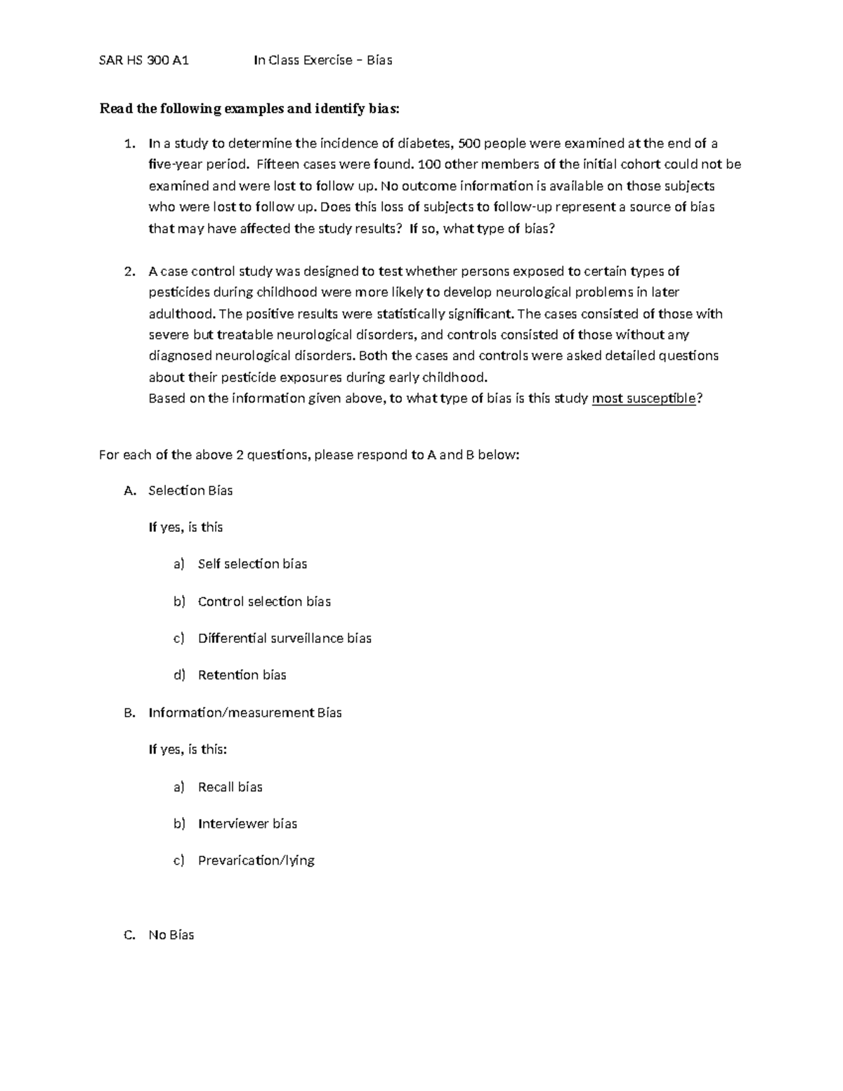 S24 In Class Exercise Bias - SAR HS 300 A1 In Class Exercise – Bias ...