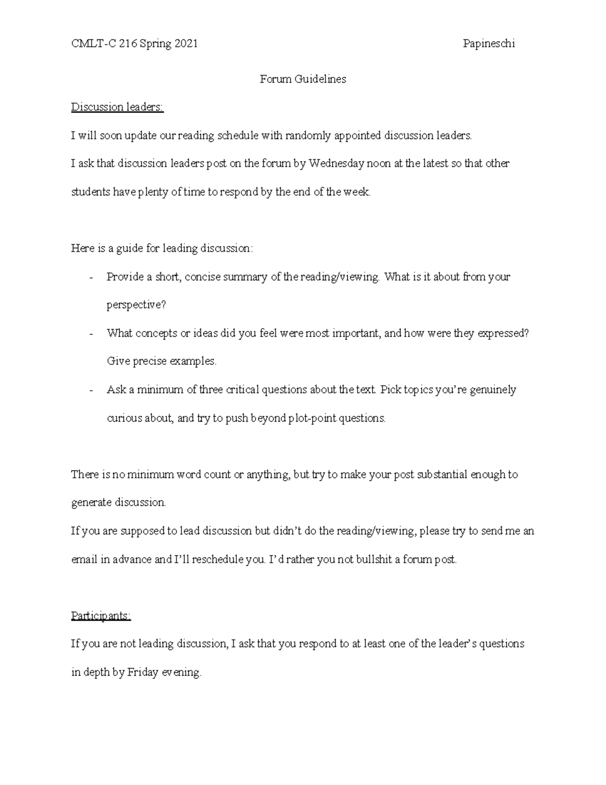 Forum Guidelines C216 S21 CMLTC 216 Spring 2021 Papineschi Forum