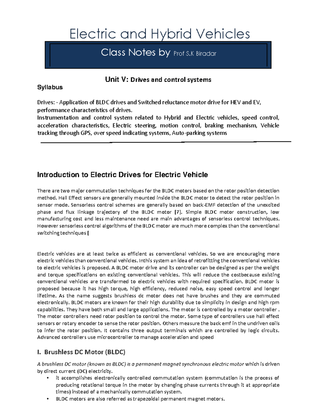 Drives and control systems Unit V notes (1920) Electric and Hybrid