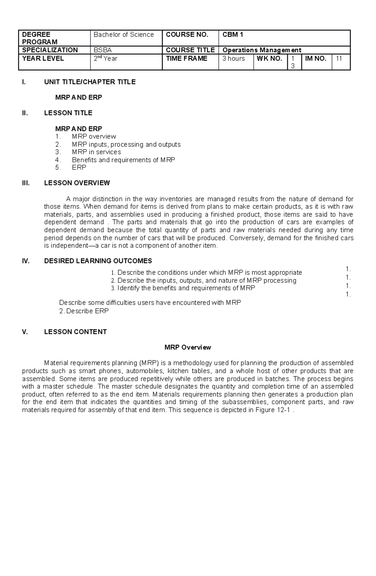 ICD CBM 1 11 - Operations Management - DEGREE PROGRAM Bachelor of ...