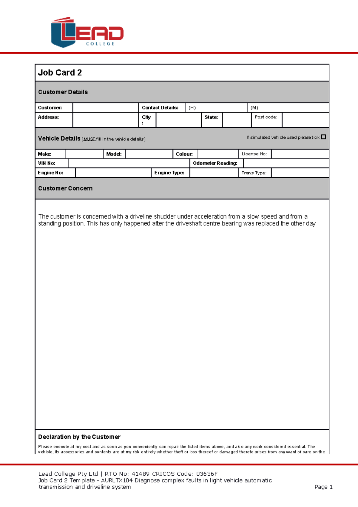 Assessment 2 Job Card 2 Template Job Card 2 Customer Details