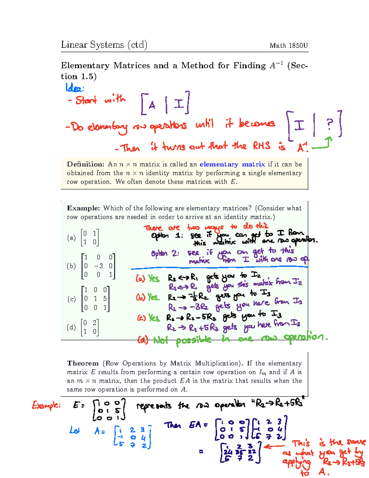 1850 Lecture 5 completed - Linear Systems (ctd) Math 1850U Elementary ...